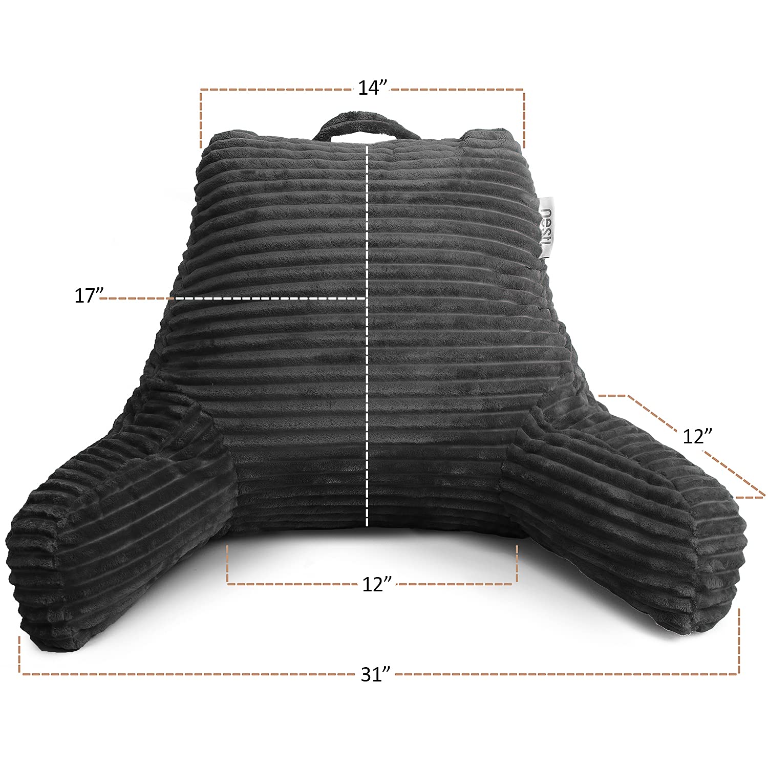 Nestl Reading Pillow for Adults - Plush Back Support Pillow with Shredded Memory Foam, Armrests & Pockets - Perfect for Sitting Up in Bed, Reading, Watching TV, or Relaxing - Grey Bed Rest Pillow