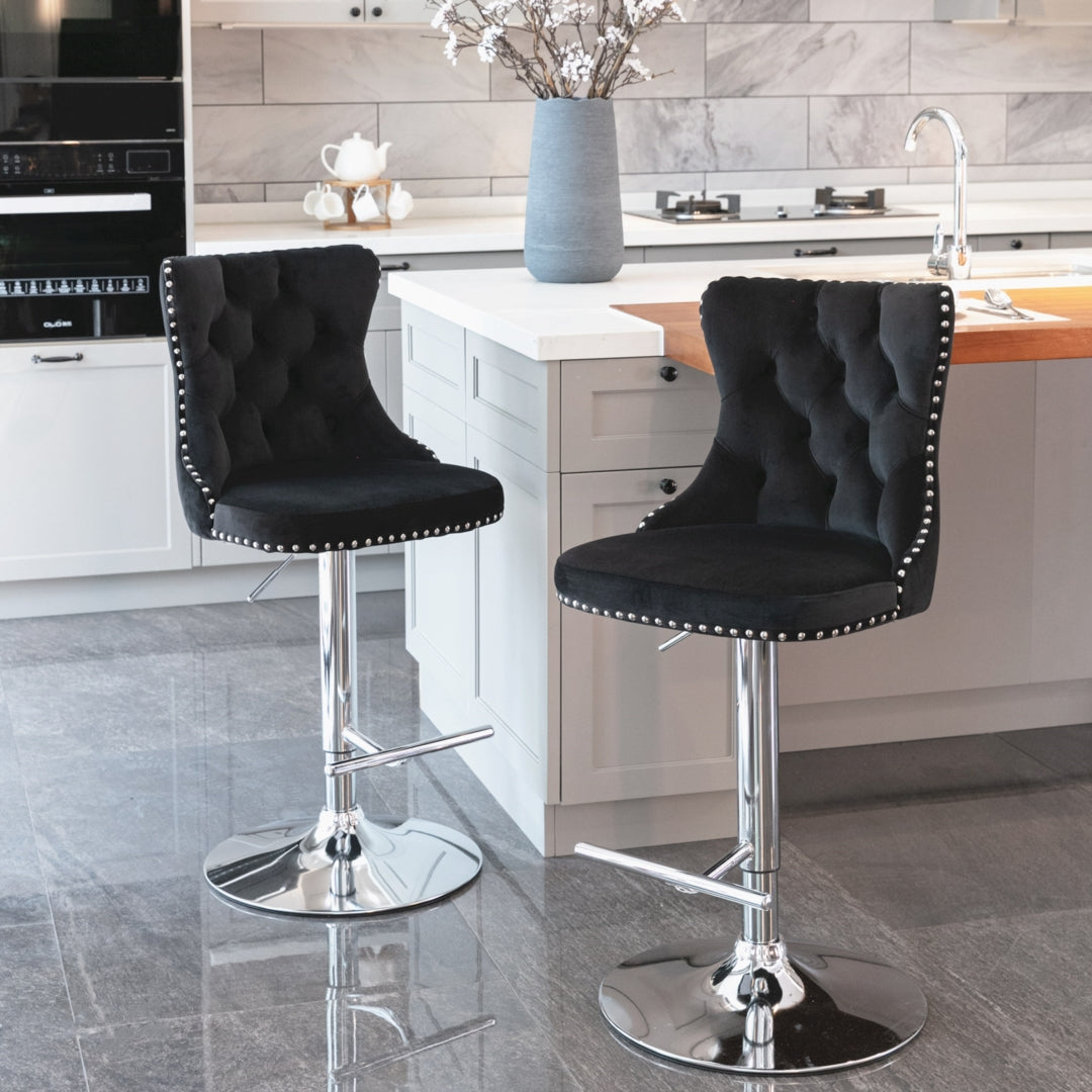 Adjustable Height Swivel Bar Stool with Footrest - Velvet Upholstery & Chrome Base - Modern Kitchen Island & Home Bar Stool - Black