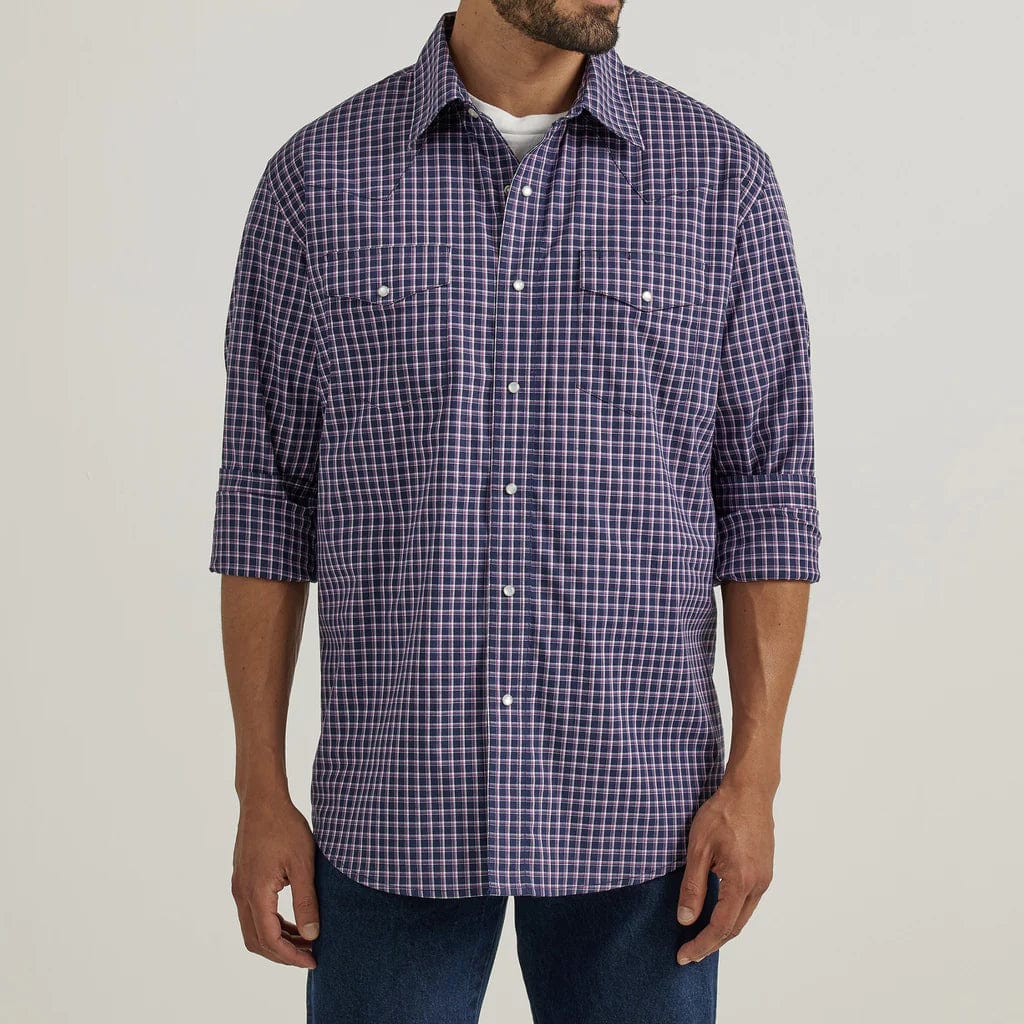 Wrangler Men's Navy Plaid Western Snap Shirt - Classic Cowboy Style for Rodeo, Ranch Work & Casual Wear