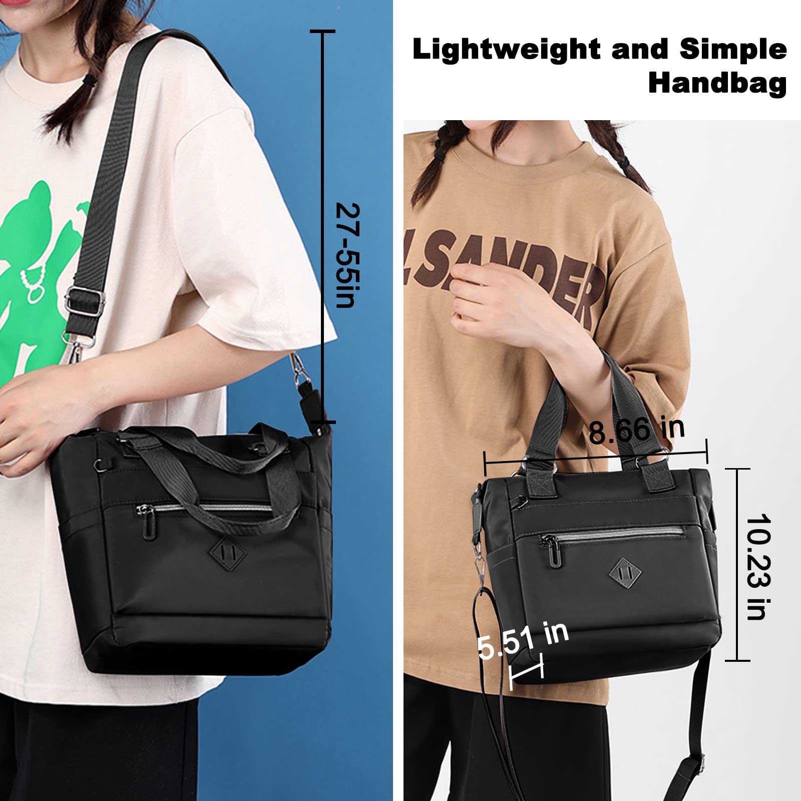 Gelory Women's Waterproof Nylon Tote Bag - Small Crossbody Shoulder Handbag with Detachable Strap & Multiple Pockets | Perfect for School, Shopping, Work & Travel (Black) | Stylish Everyday Carry & Commuter Essentials