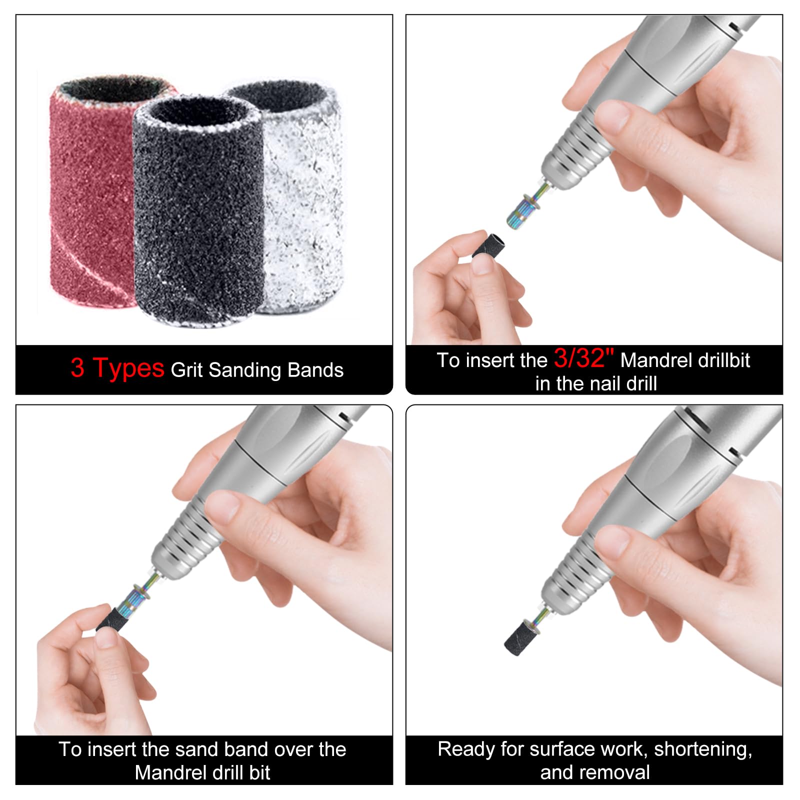 300Pcs Sanding Bands for Nail Drill - Professional Grits #80 #150 #240 Electric File Nail Sanders with 3/32