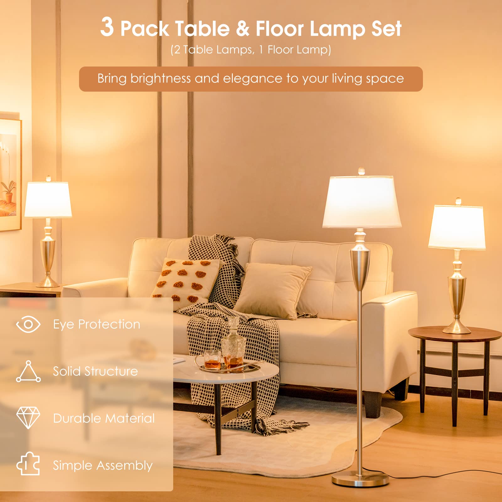 Tangkula 3-Piece Modern Lamp Set - Nickel Finish Floor Lamp & 2 Table Lamps with Weighted Base & High-Grade Lampshades | E26 Bulb Required | Perfect for Bedroom, Living Room, Office & Study Lighting Decor
