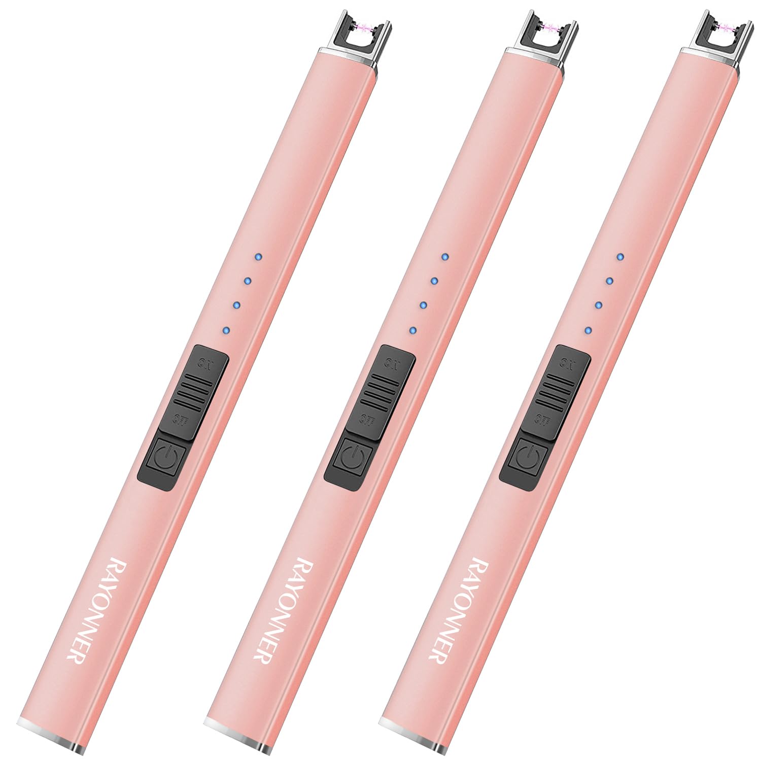 RAYONNER USB Rechargeable Electric Candle Lighter - Flameless Plasma Arc Lighter, Windproof & Pocket-Sized for Candles, Cooking, BBQ, Fireworks (Rose Gold, 3 Pack) | Perfect for Home Decor, Romantic Dinners, Camping & Outdoor Activities