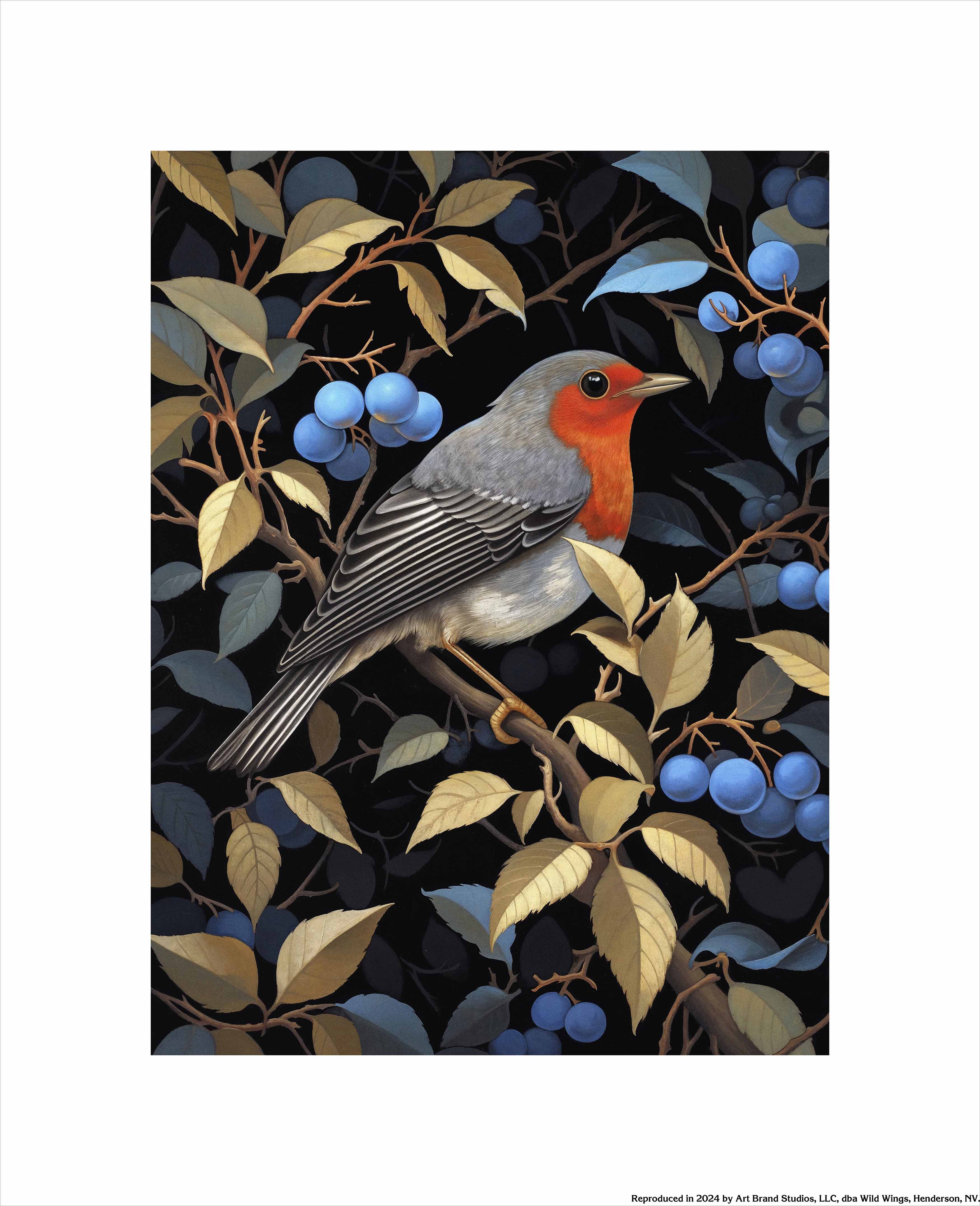Crimson Song Robin Among Blueberries Wall Art Print - Beautiful Bird Painting for Home Decor, Living Room, Bedroom & Office