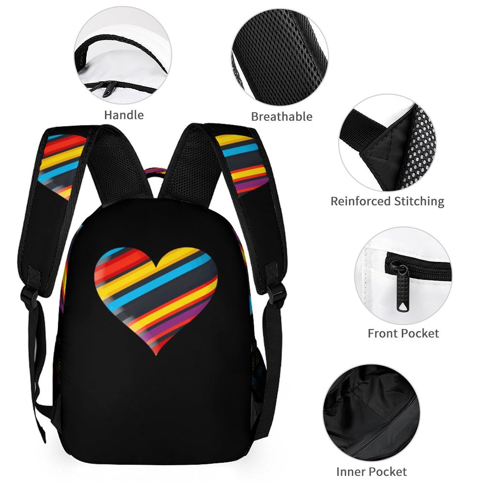 LGBTQ+ Rainbow Heart Print 3-Piece Backpack Set - Laptop Backpack, Lunch Bag & Pencil Case for School, Work & Pride Events | Water-Resistant & Durable