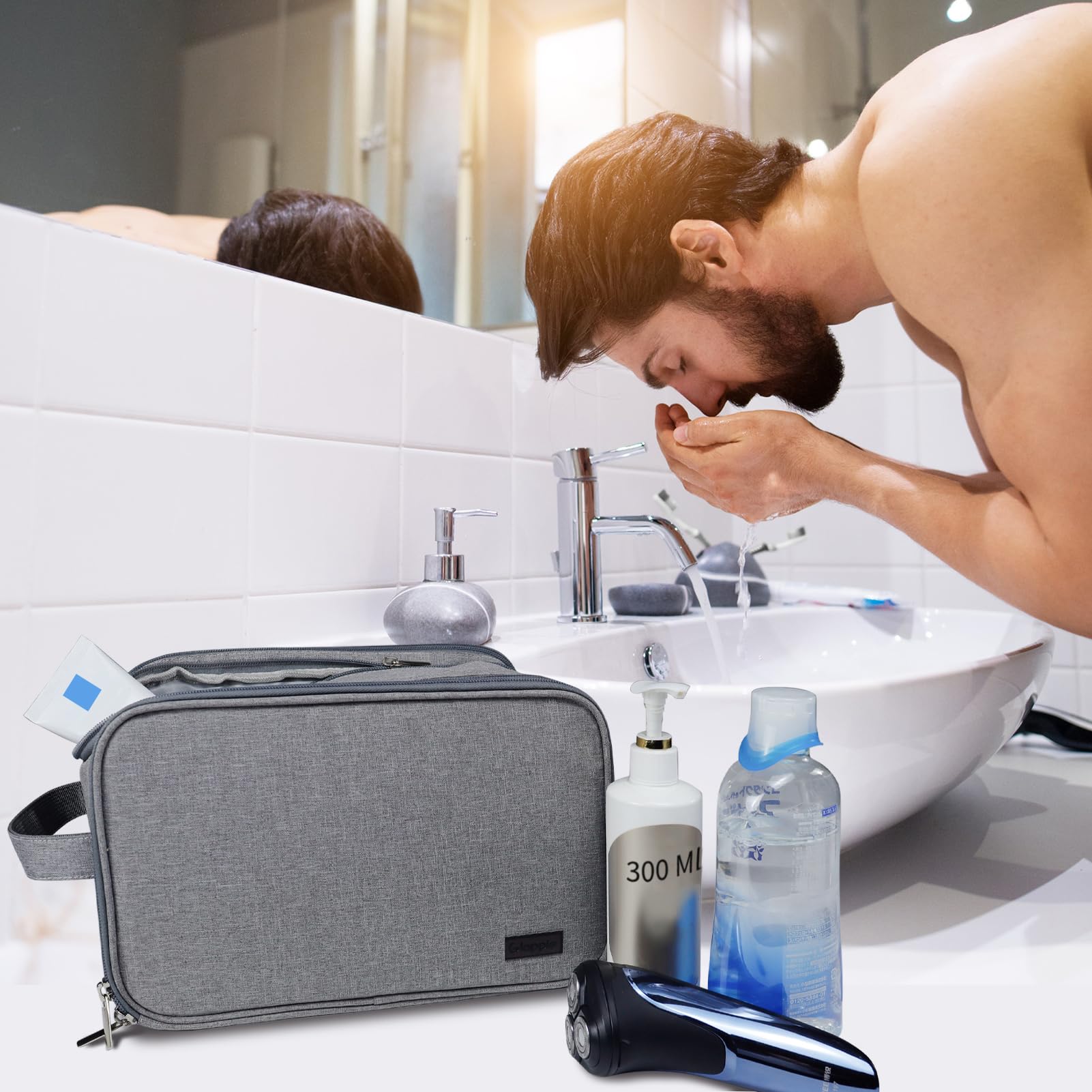 Waterproof Travel Toiletry Bag for Men & Women - Grey Washbag with Handle for Makeup & Bottles Storage