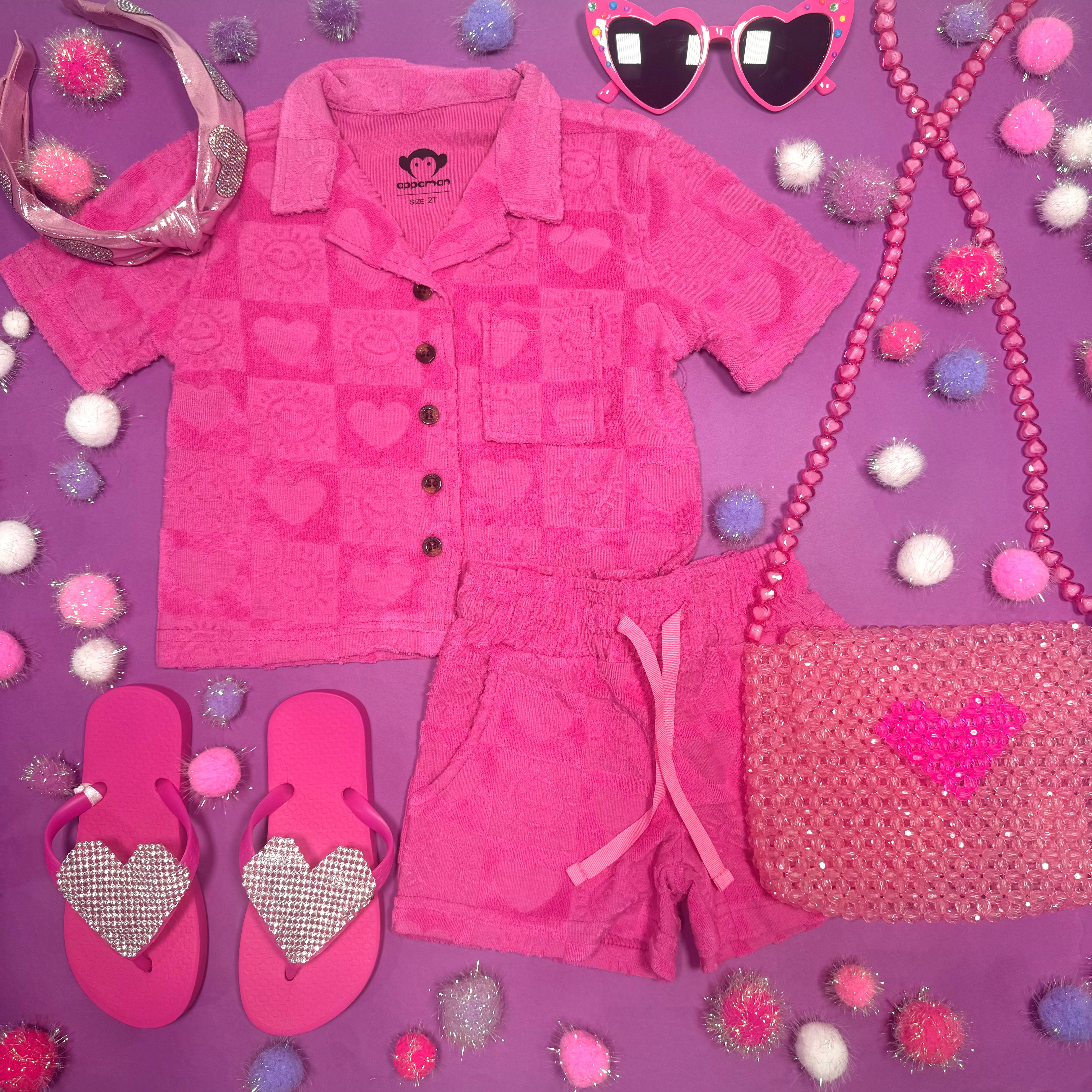 Hearts Checkered Terry Resort Button Down Shirt - Casual Summer Beachwear & Vacation Outfit