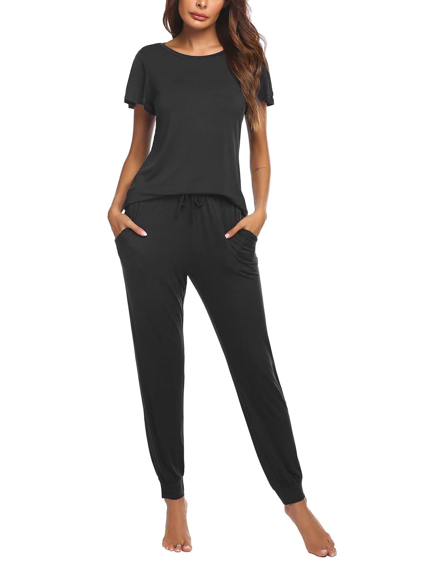 Ekouaer Women's Pajama Set - Soft Short Sleeve Sleepwear & Long Pants Lounge Set with Pockets | Comfortable Jogger PJs for Nightwear, Lounging & Travel