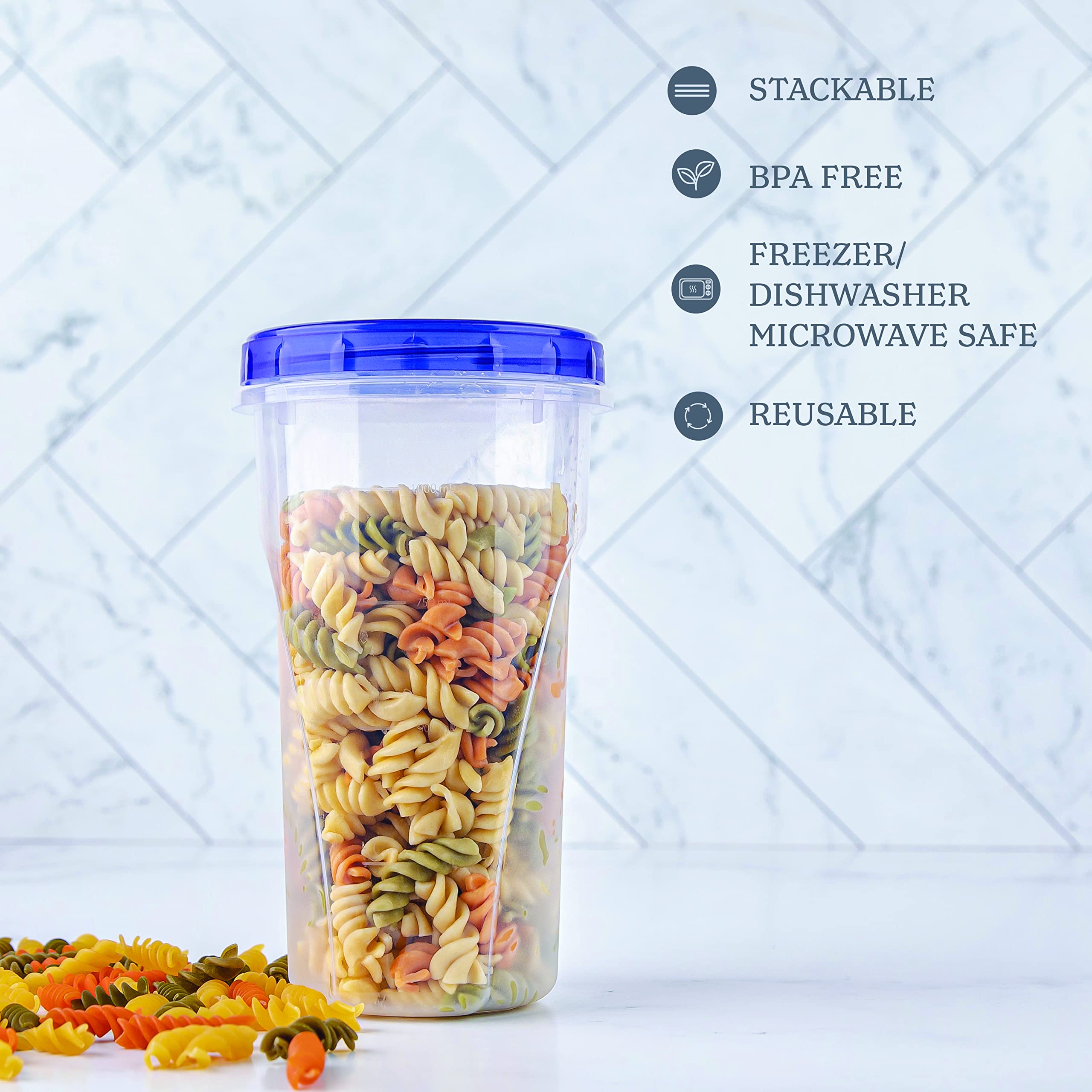 PLASTICPRO 48oz Reusable Deli Containers with Twist-On Lids - Clear Base & Blue Top, Stackable Food Storage Containers for Meal Prep, Freezer & Leftovers (4-Pack, Blue) | Perfect for Restaurants, Catering & Home Kitchen Organization
