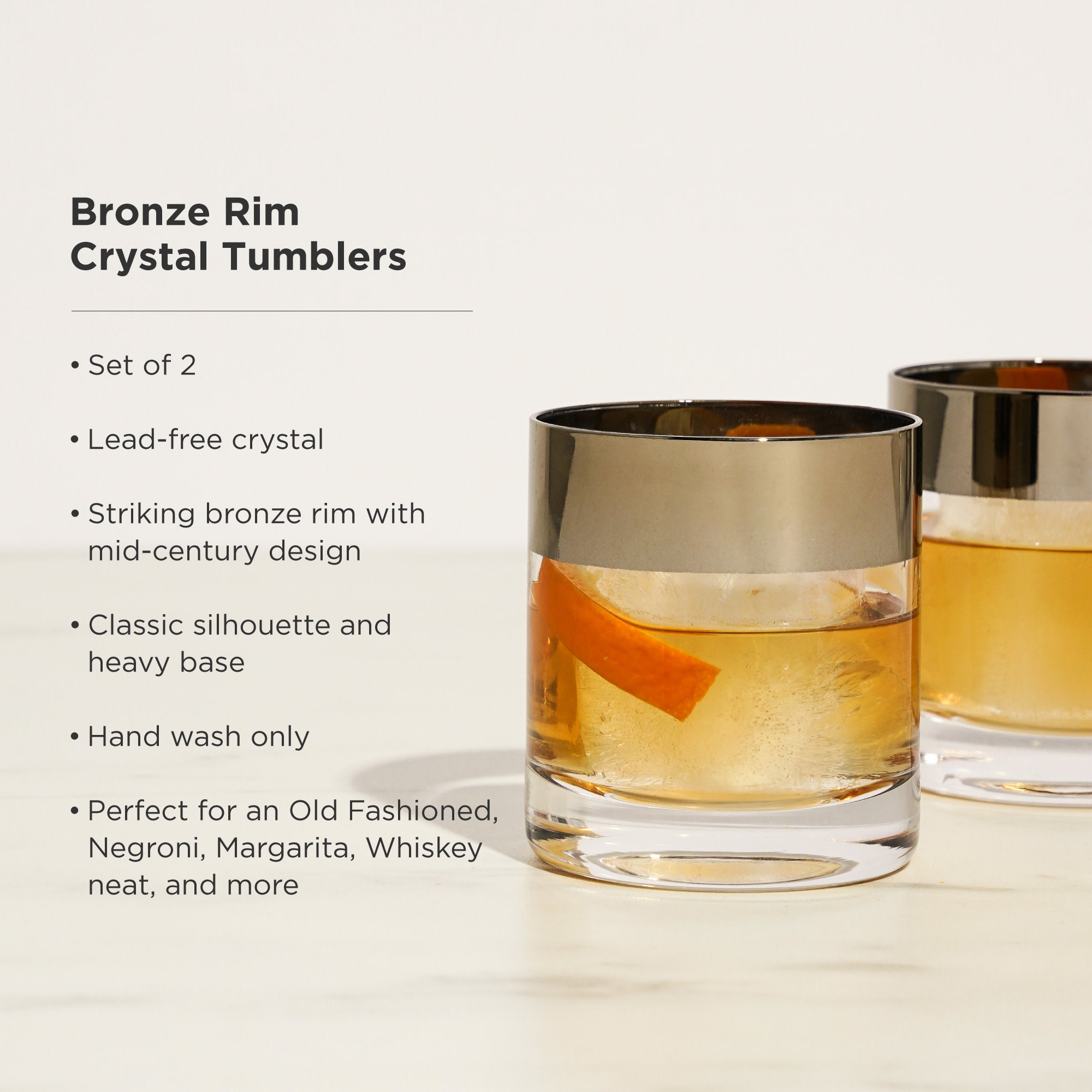 Premium Irving Bronze Rimmed Crystal Tumblers Set of 2 - Elegant Drinking Glasses for Cocktails, Whiskey & Home Bar Decor