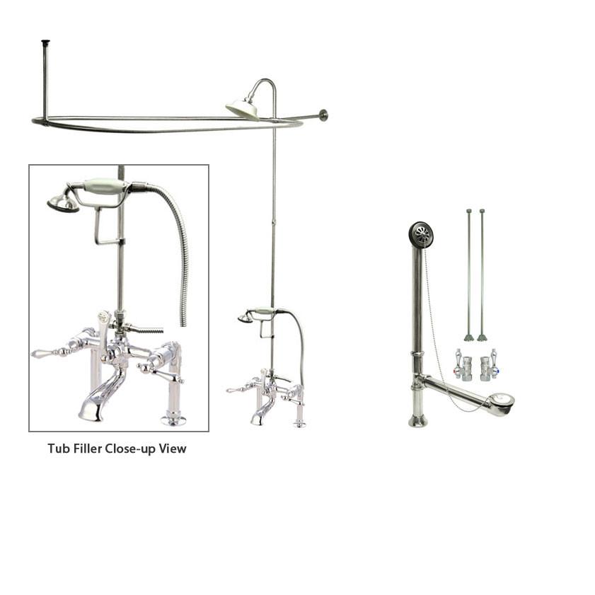 Chrome Clawfoot Tub Faucet Shower Kit with Enclosure Curtain Rod 104T1CTS - Vintage Bathroom Fixture for Classic & Modern Homes, Perfect for Spa-Like Relaxation