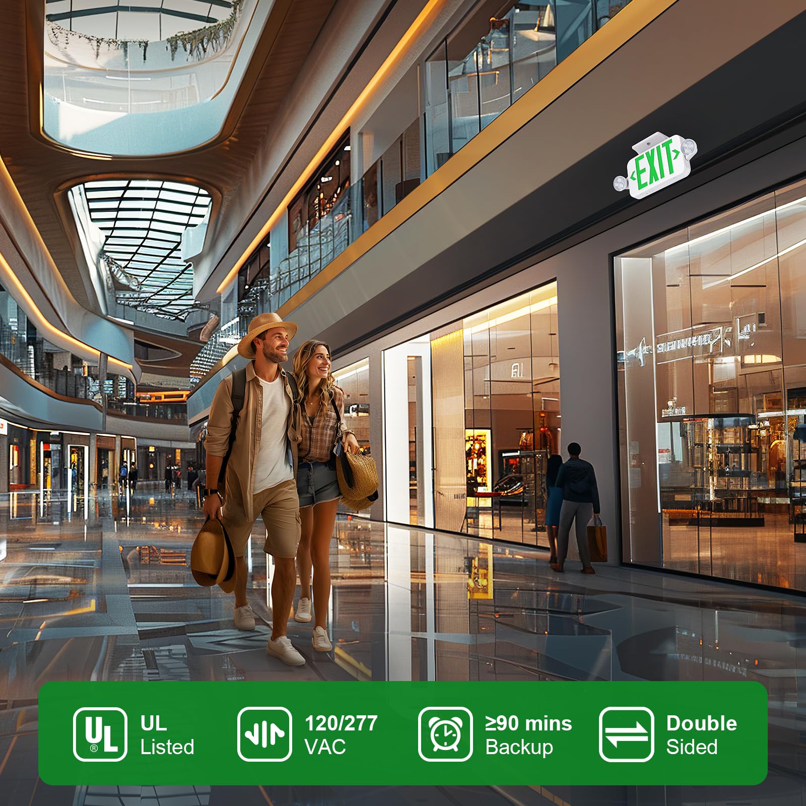 UL Listed Emergency Exit Sign Light Combo with Battery Backup - 6 LED Double Sided Hardwired, Adjustable Green Lighting for Ceiling/Wall Mount (AC 120/277V, 4 Pack) - Perfect for Commercial Buildings, Warehouses & Public Safety Areas
