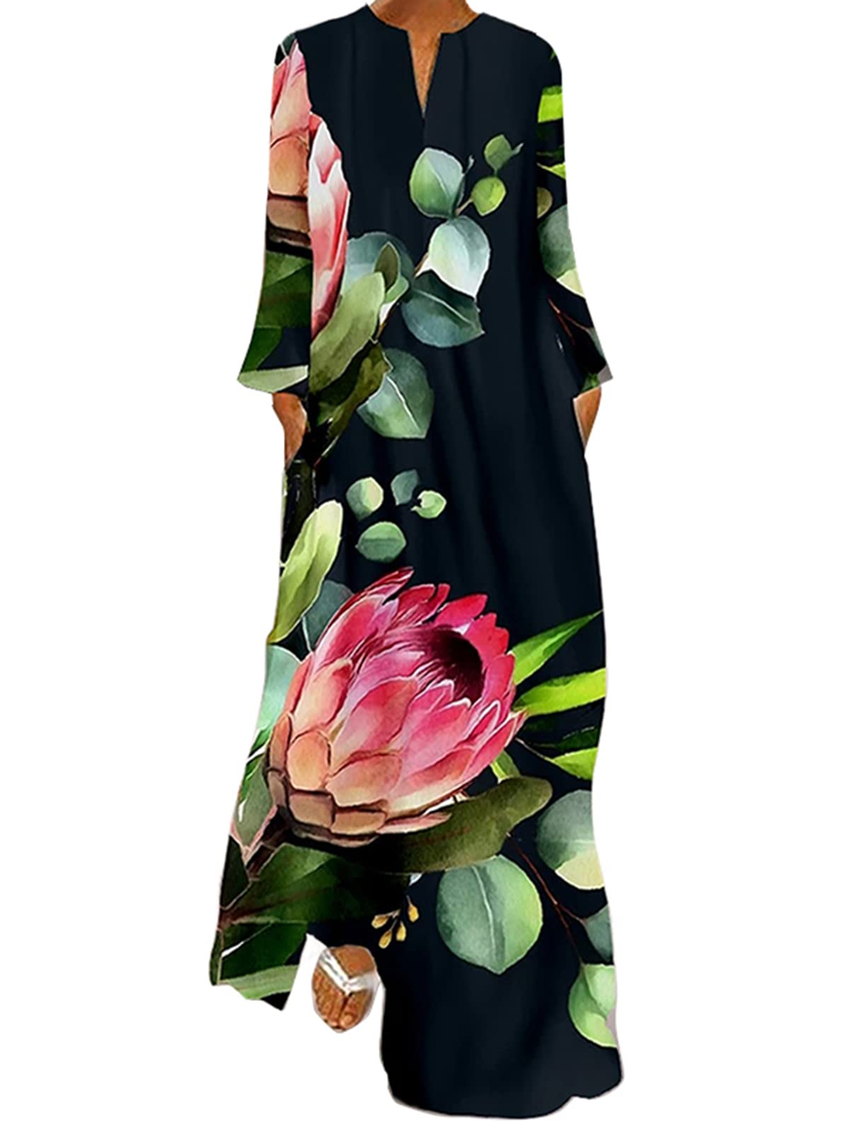 Zanzea Women's Summer Floral Maxi Dress - V-Neck, Half Sleeve with Pockets for Beach, Vacation & Casual Outings