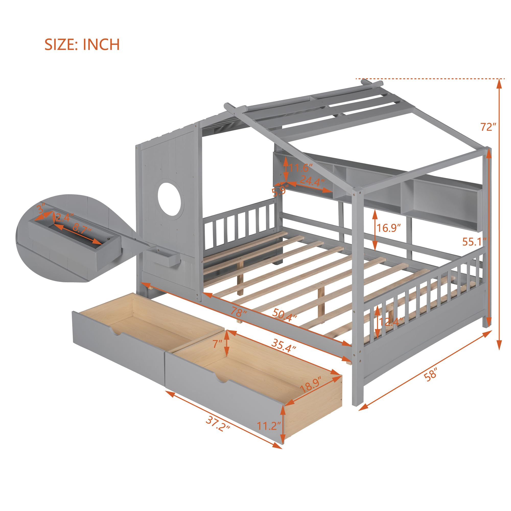MERITLINE Full Size House Bed for Kids - Wooden Bed Frame with 2 Storage Drawers, Built-in Shelf & Slat Support - No Box Spring Needed - Grey - Perfect for Kids' Bedroom, Playroom & Small Space Organization