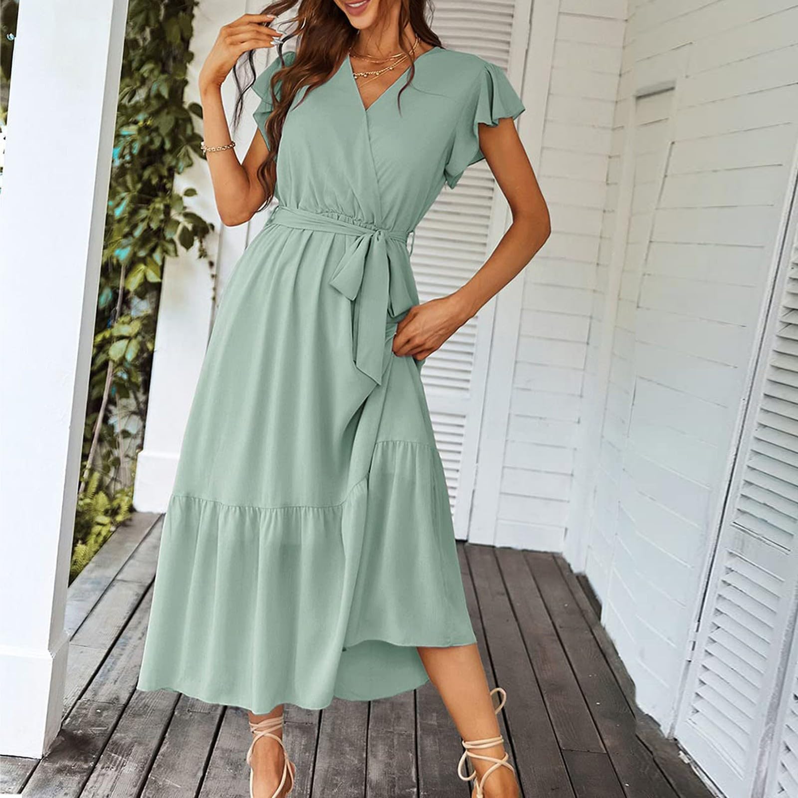 Women's Summer Boho Wrap Dress - V Neck Short Sleeve Flowy Maxi Dress with Belt & Ruffle Hem | Perfect for Beach Vacations, Date Nights & Summer Parties