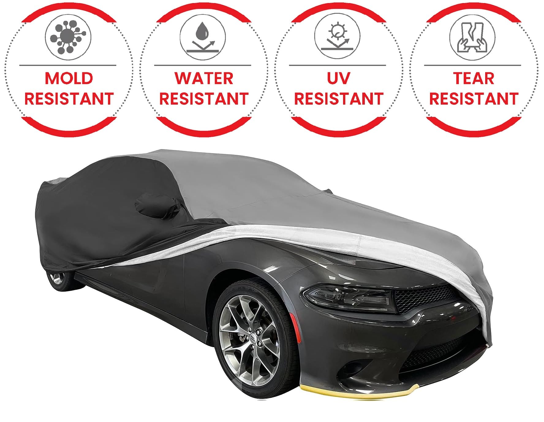 **Dodge Charger Car Cover 2005-2023 - Custom Fit for SRT Hellcat, GT, R/T, SXT, Scat Pack - Waterproof, UV Protection, 300 Denier Ultraguard Plus - Indoor & Outdoor Use (Gray/Black) - Perfect for Garage, Parking & Travel Protection**