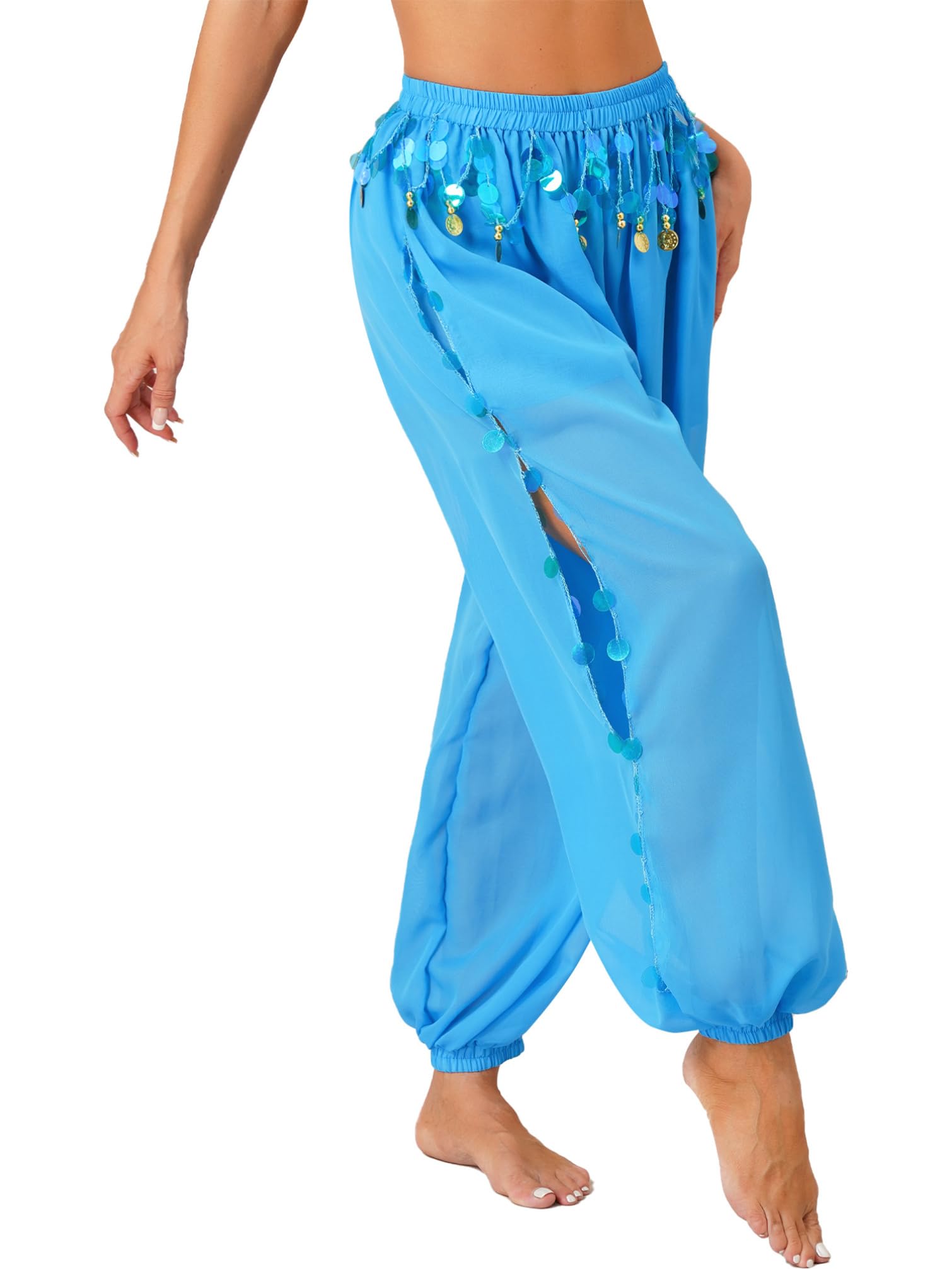 Linjinx Women's Sequins Belly Dance Costume - Indian Arabian Stage Performance Outfit with Coins Harem Pants for Professional Dance & Cultural Events