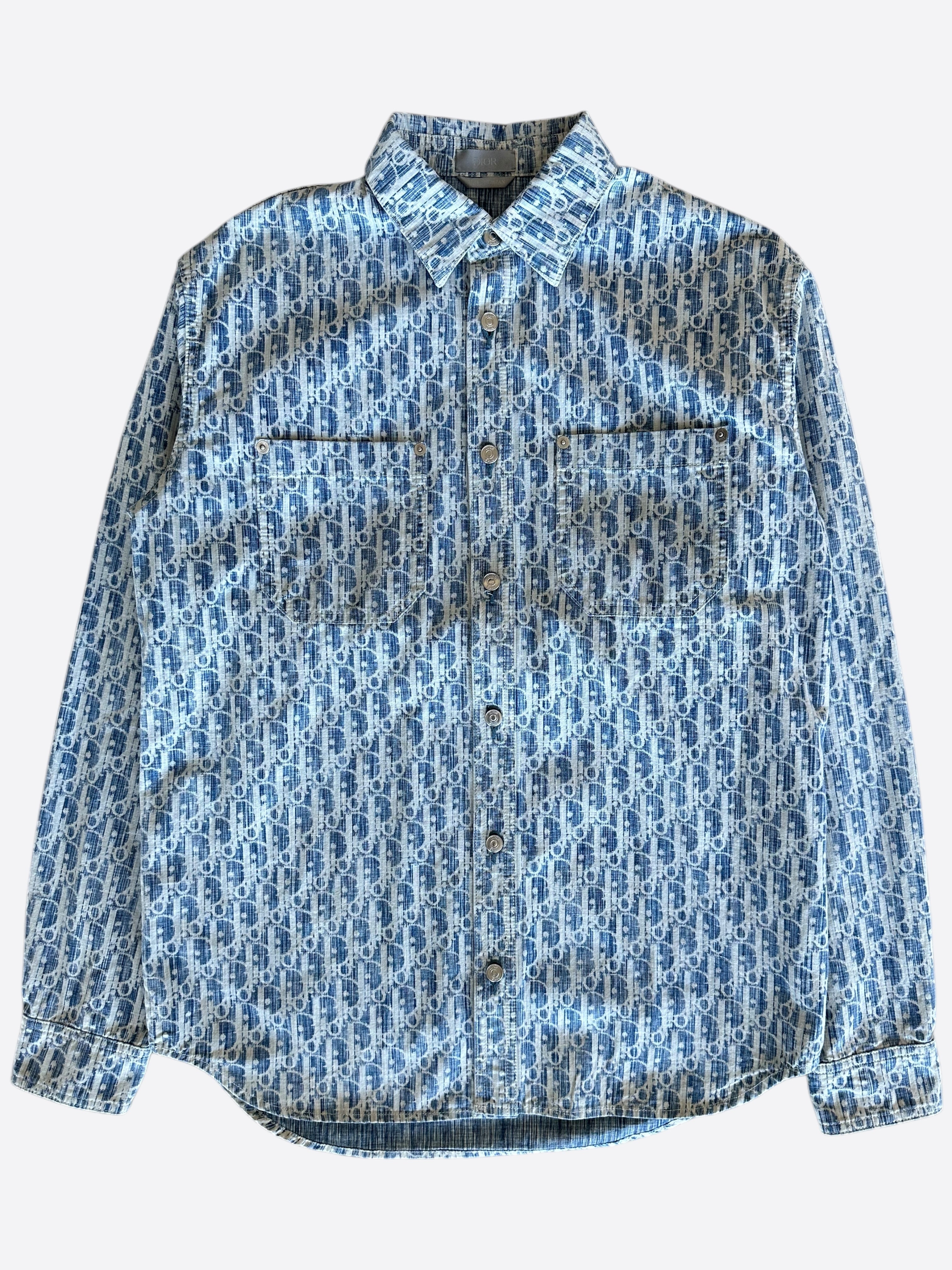 Dior Blue & White Oblique Denim Button Up Shirt for Men | Casual & Stylish Cotton Shirt | Perfect for Office, Date Night & Weekend Outings