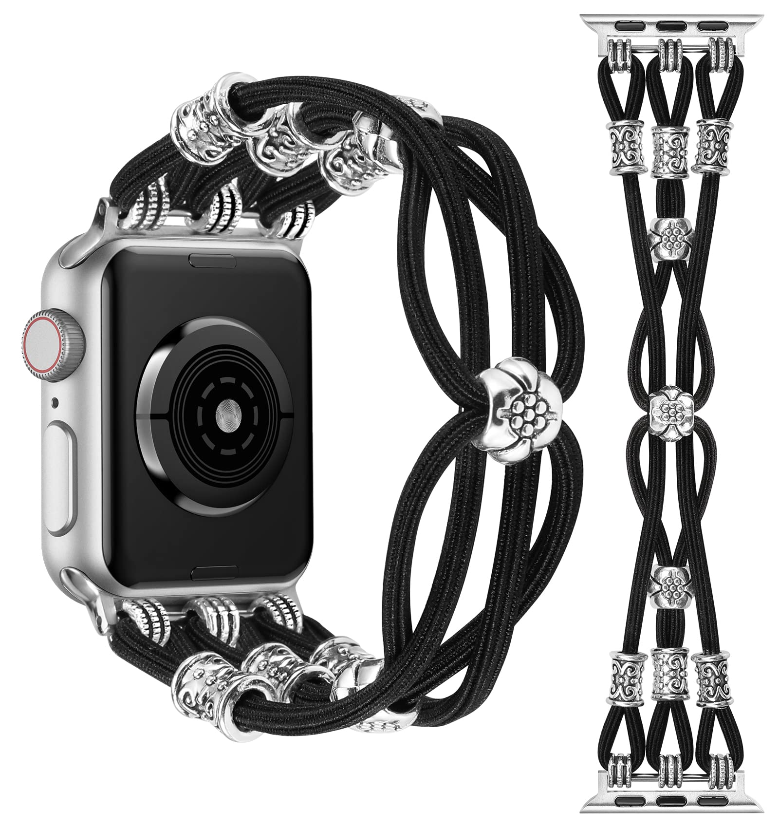 Boho Beaded Apple Watch Band 38/40/41/42mm - Stretchy Braided Nylon Solo Loop Wristband for Women - Compatible with iWatch Series 10/9/8/7/SE/6/5/4/3/2/1 - Black XS - Perfect for Yoga, Workouts & Boho Fashion Accessories