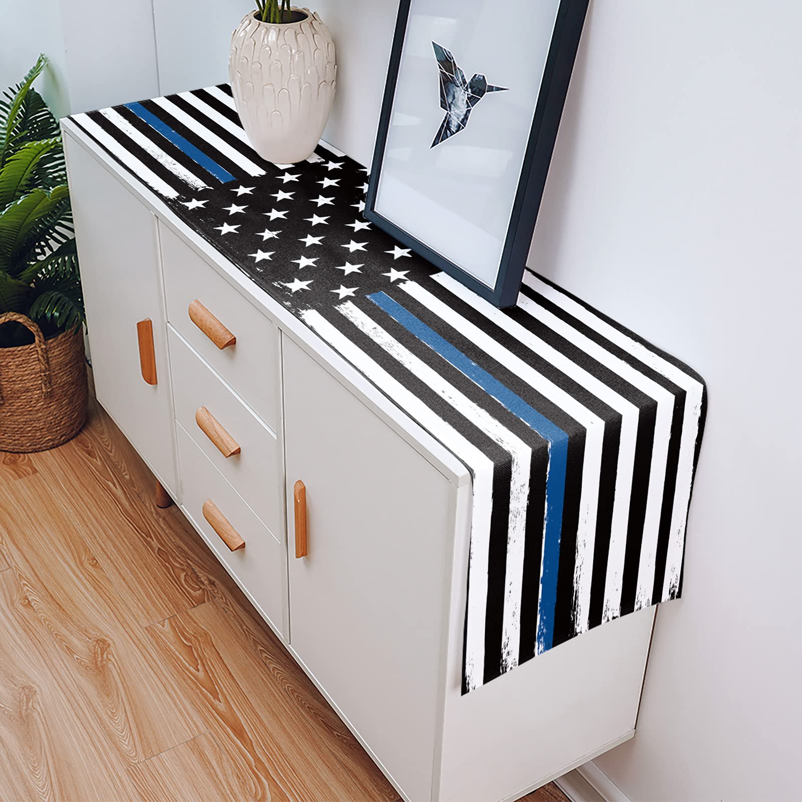 Thin Blue Line Black Table Runner - 120 Inch Cotton Linen American Police Flag Table Scarf | Rustic Dining Table Decor for Coffee Tables, Holiday Parties & Law Enforcement Gifts | Perfect for Home Decor, Patriotic Events & Police Appreciation
