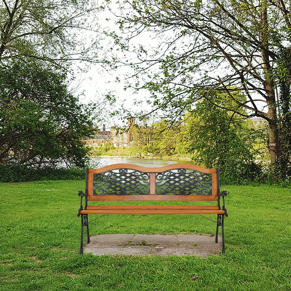 VINGLI Outdoor Metal Garden Bench with Wood Seat & PVC Backrest - Cast Iron Love Seat Park Bench for Front Porch, Patio, Yard (Arched Back) | Perfect for Relaxing, Outdoor Dining, and Garden Decor