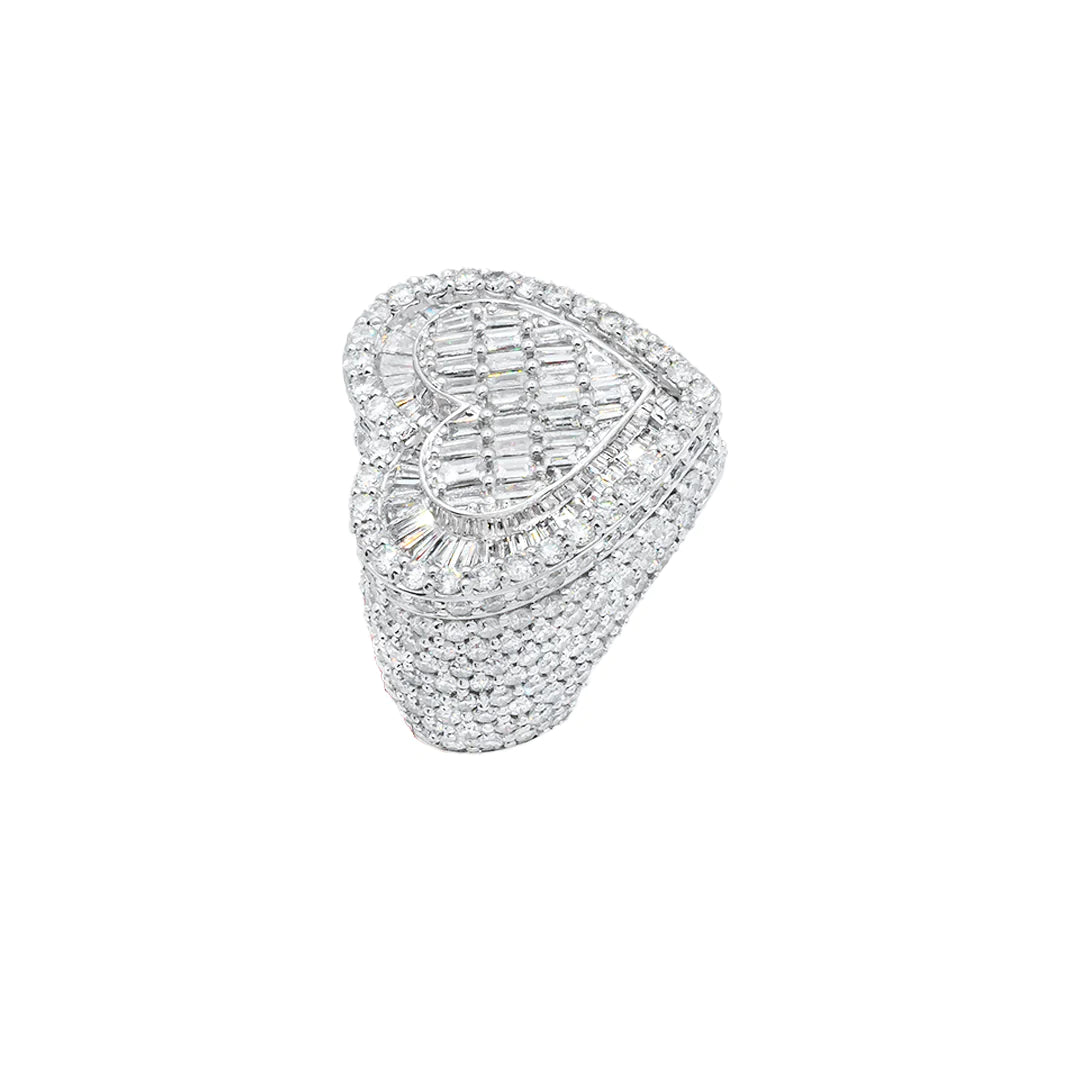 14K White Gold Baguette Diamond Heart Ring - 6.43 Carat Total Weight (CTW) - Elegant Valentine's Day Gift, Anniversary Jewelry & Romantic Proposal Ring for Her