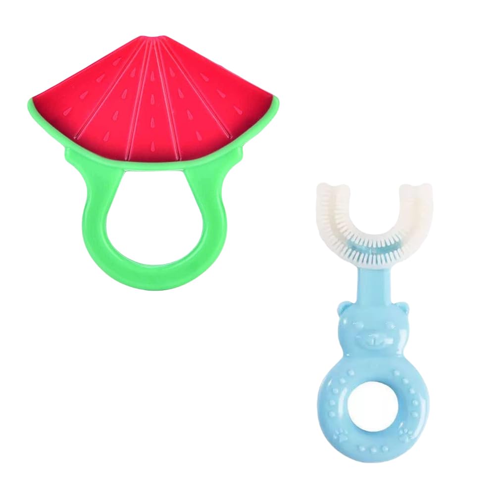Joy Buzz Infant Fruits Teether & U-Shape Toothbrush - BPA-Free Silicone Baby Teething Toy & Toothbrush for 6+ Months | Soft, Safe Oral Care for Babies | Watermelon Red & Blue | Perfect for Soothing Sore Gums & Early Dental Hygiene