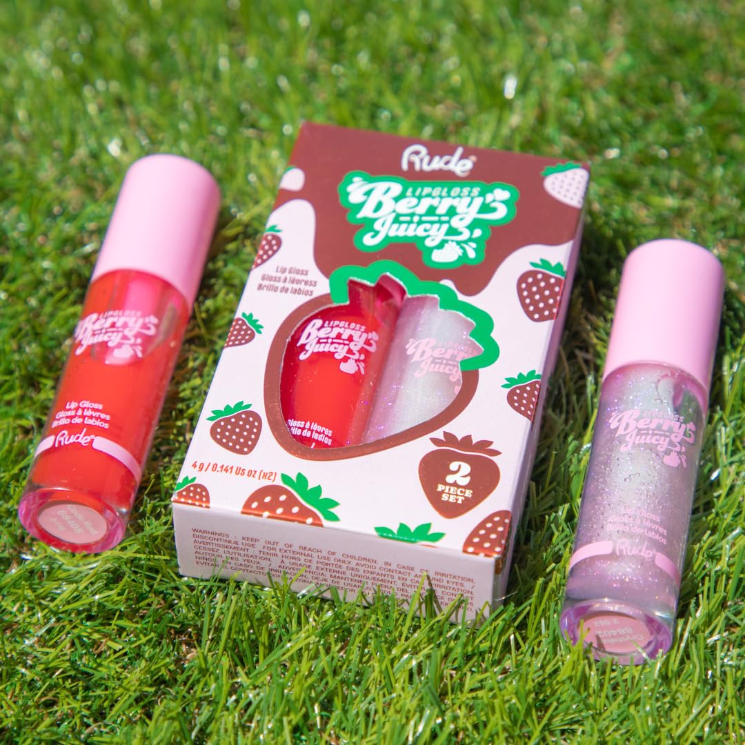 RUDE Cosmetics Berry Juicy Lip Gloss Set - High Shine Moisturizing Lipgloss for Day & Night Makeup