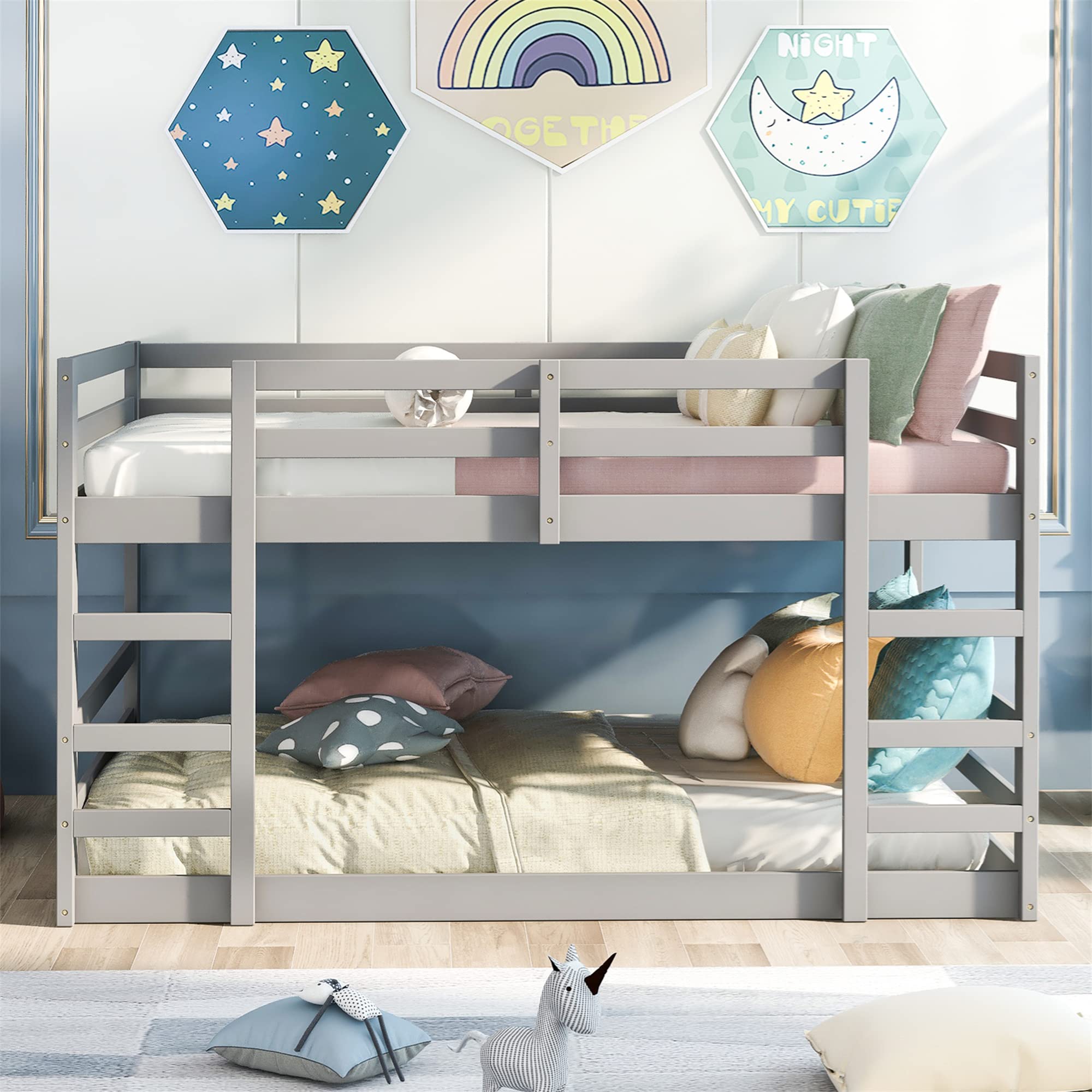 **CITYLIGHT Low Bunk Beds Full Over Full, Sturdy Wooden Bunk Bed for Kids & Teens, Twin Bunk Bed with 2 Ladders for Boys & Girls Bedroom, Dormitory, Space-Saving (Full Size, Grey) – Perfect for Small Rooms, Shared Kids' Bedrooms & College Dorms**