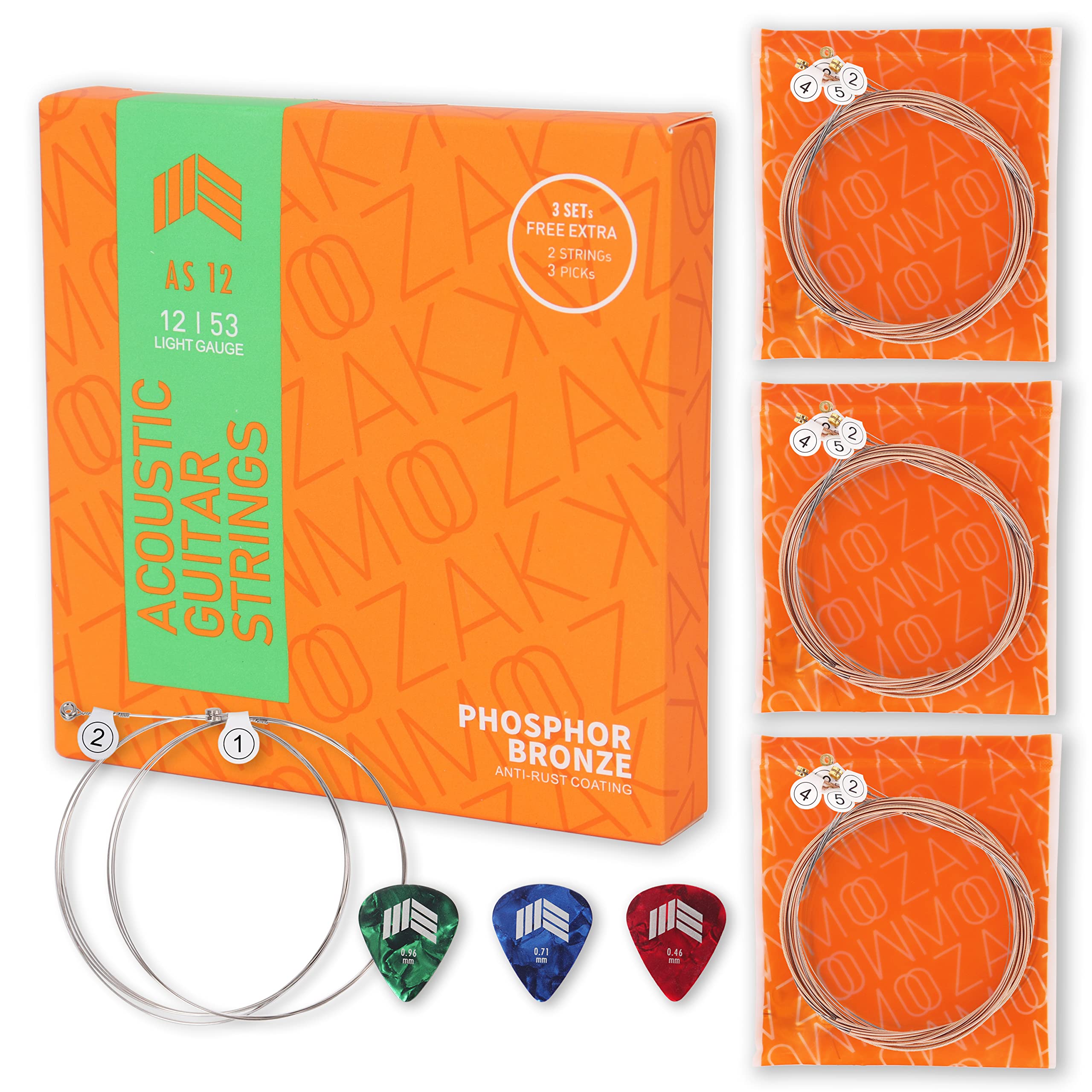 Premium Phosphor Bronze Acoustic Guitar Strings 12-53 Light (3 Packs) - Includes 2 Free Strings & 3 Picks | Warm, Rich Tone & Long-Lasting Durability for 6-String Guitars | Perfect for Beginners, Professionals & Live Performances