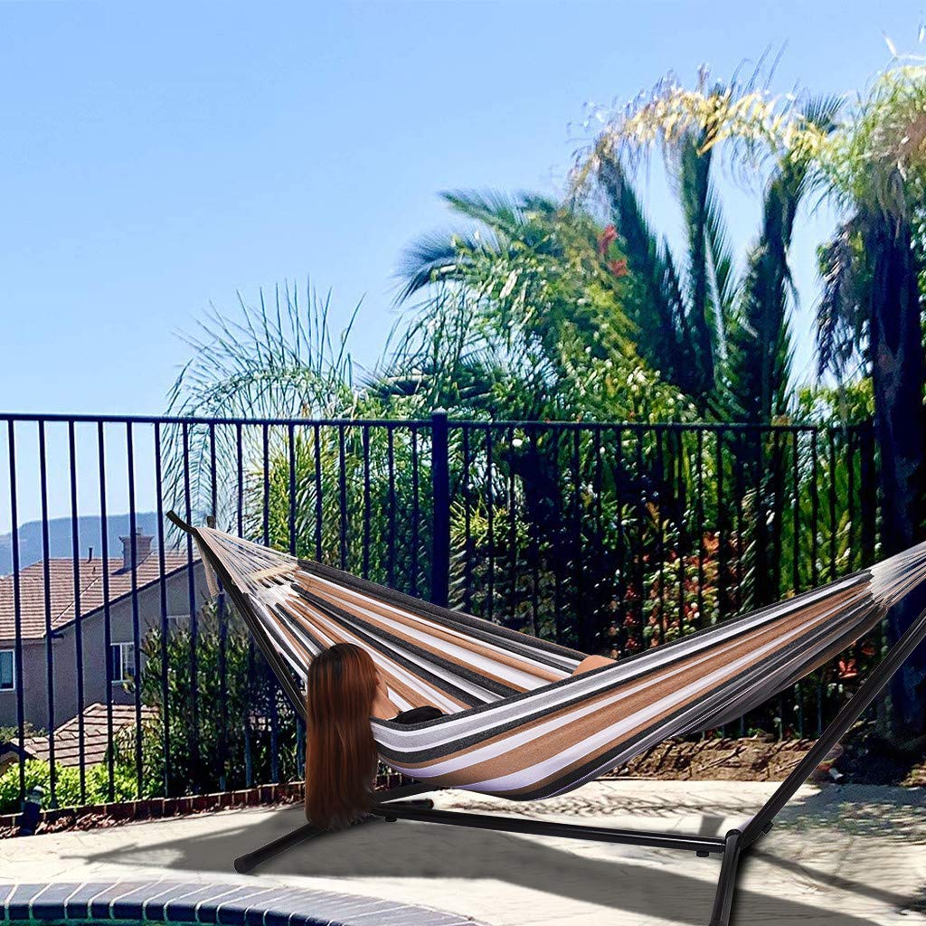 2 Person Heavy Duty Hammock Swing with Space-Saving Steel Stand - 250lb Capacity Adjustable Freestanding Hammock Bed for Outdoor, Garden, Yard, Patio - Includes Portable Carrying Bag | Perfect for Relaxation, Camping & Backyard Lounging