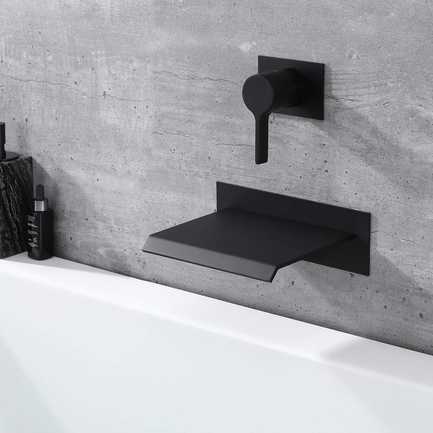 Black Wall Mount Bathtub Faucet with Waterfall Spout - Single Handle High Flow Rough-in Valve - Perfect for Modern Bathroom & Spa Retreats