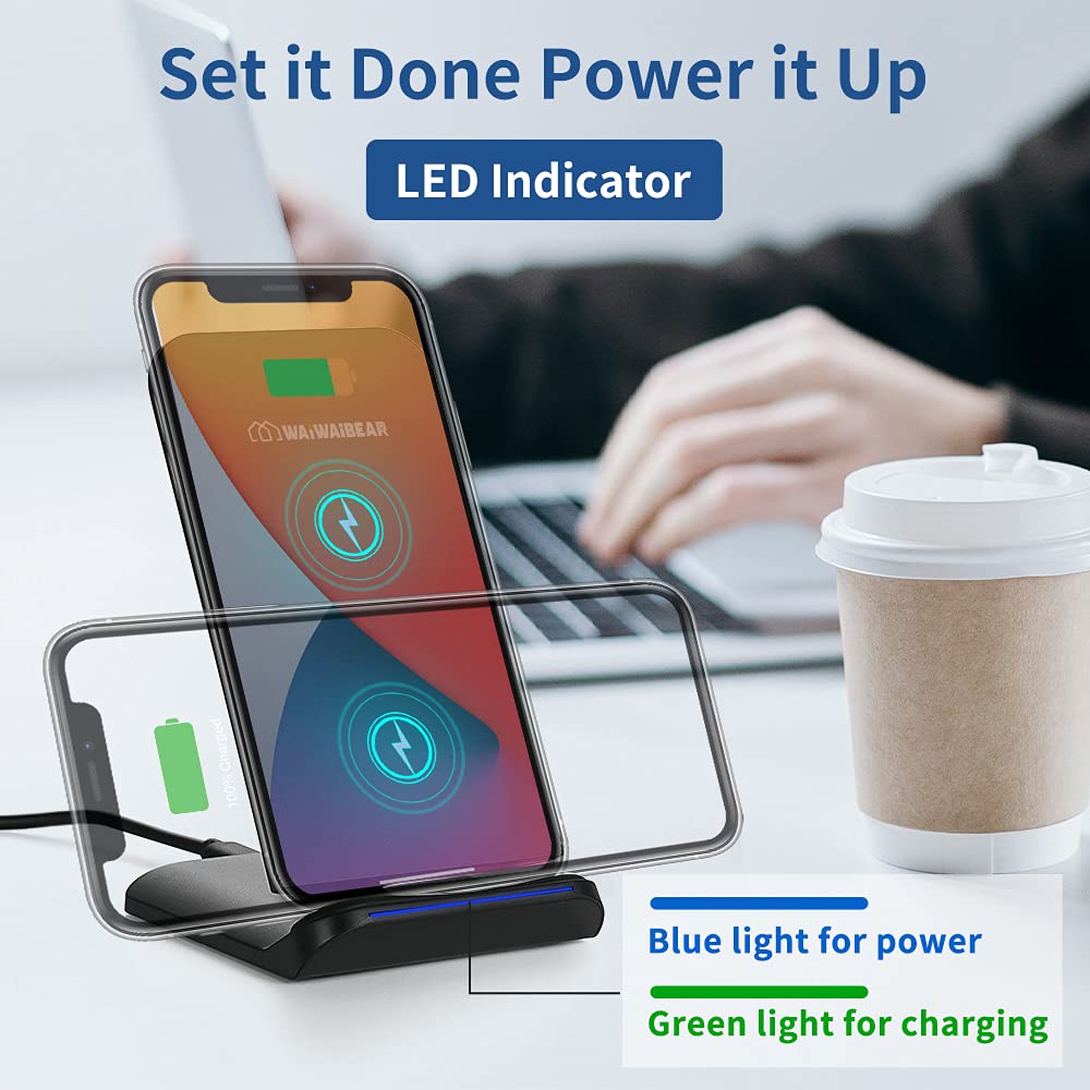 WAIWAIBEAR 15W Fast Wireless Charger Stand - Qi-Certified Phone Charging Dock for iPhone 13/12/11/SE/X/8 Plus, Samsung Galaxy S21/S20/S10/S9/S8, Google Pixel - Perfect for Bedside, Office & Car Use