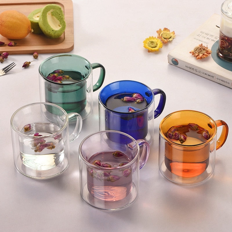 Double Wall Glass Coffee Mug with Colorful Design - Perfect for Hot & Cold Drinks at Home, Office, or Outdoor Use