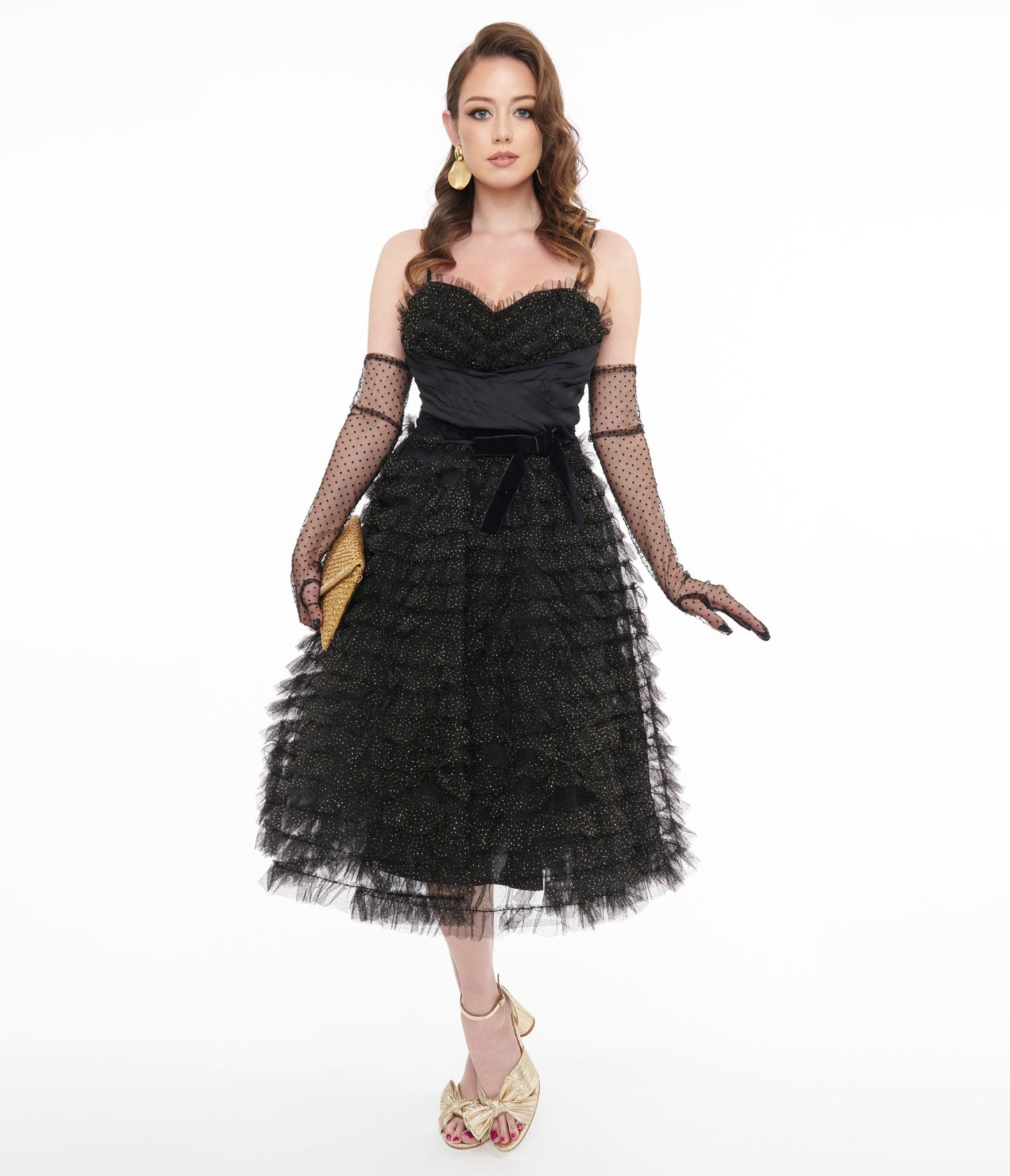 Vintage 1950s Black & Gold Glitter Tulle Swing Dress - Retro Cocktail Party, Wedding Guest, Holiday Formal Attire for Women