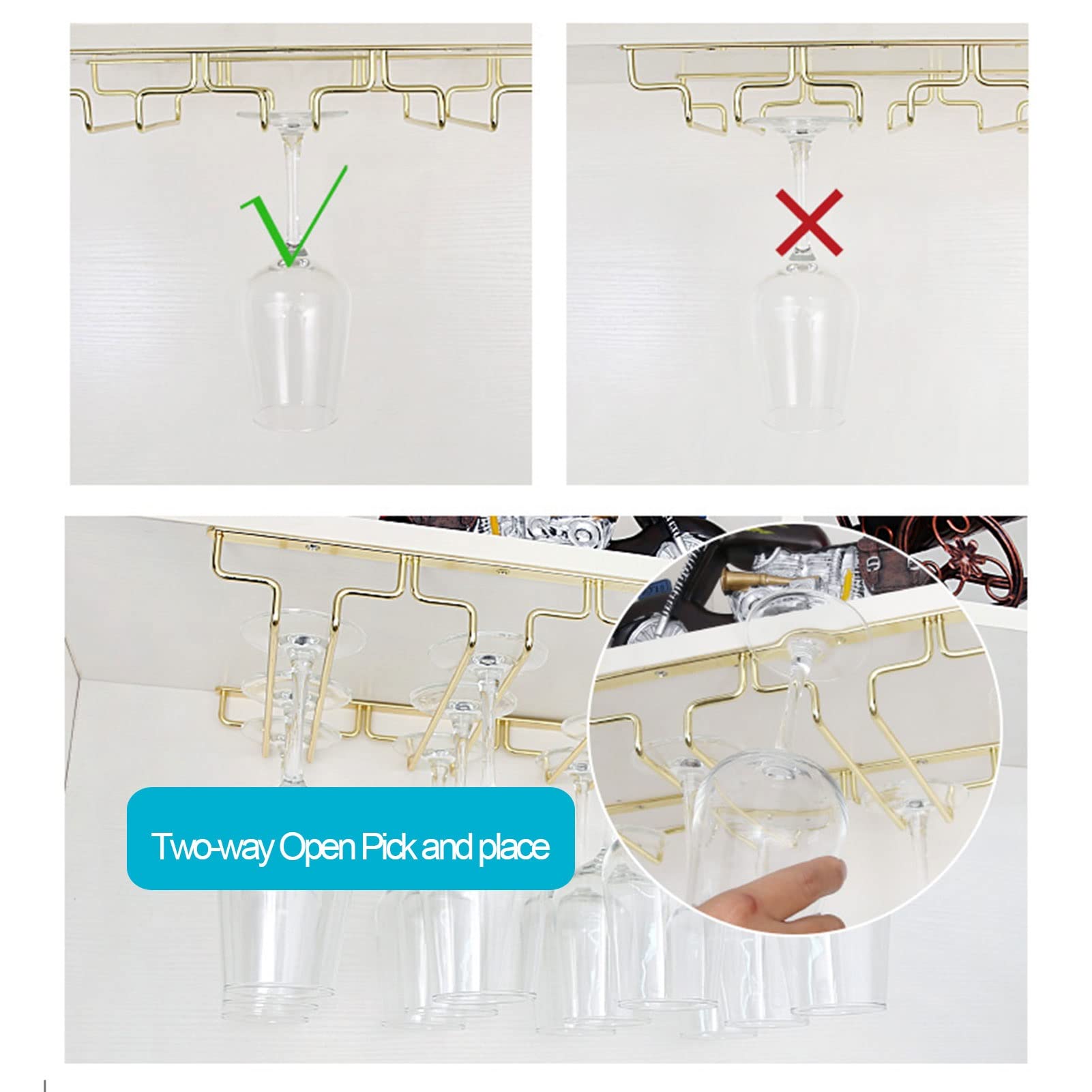 Stainless Steel Under Cabinet Wine Glass Rack - 304 Gold Metal Stemware Holder for Champagne & Goblets (80x18x5.5cm) - Perfect for Kitchen, Bar & Dining Room Organization