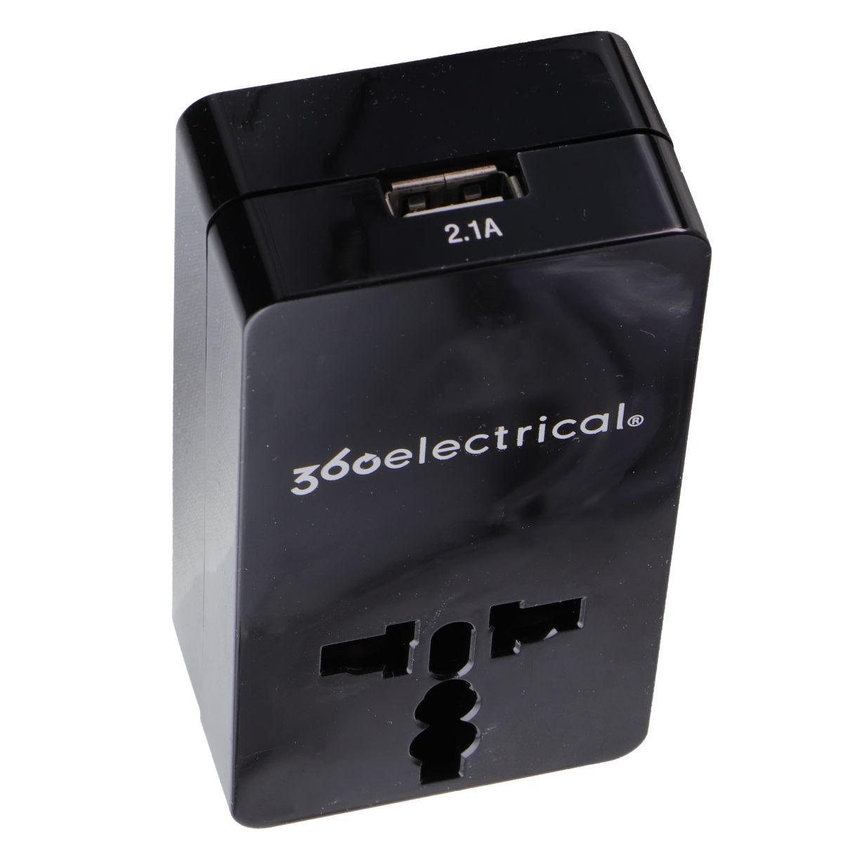 360 Electrical 2 Outlet Adapter with 2.1A USB Charger - Universal Travel Plug for US/China/Israel/UK/EU - Black - Perfect for Hotels, Dorms & International Travel