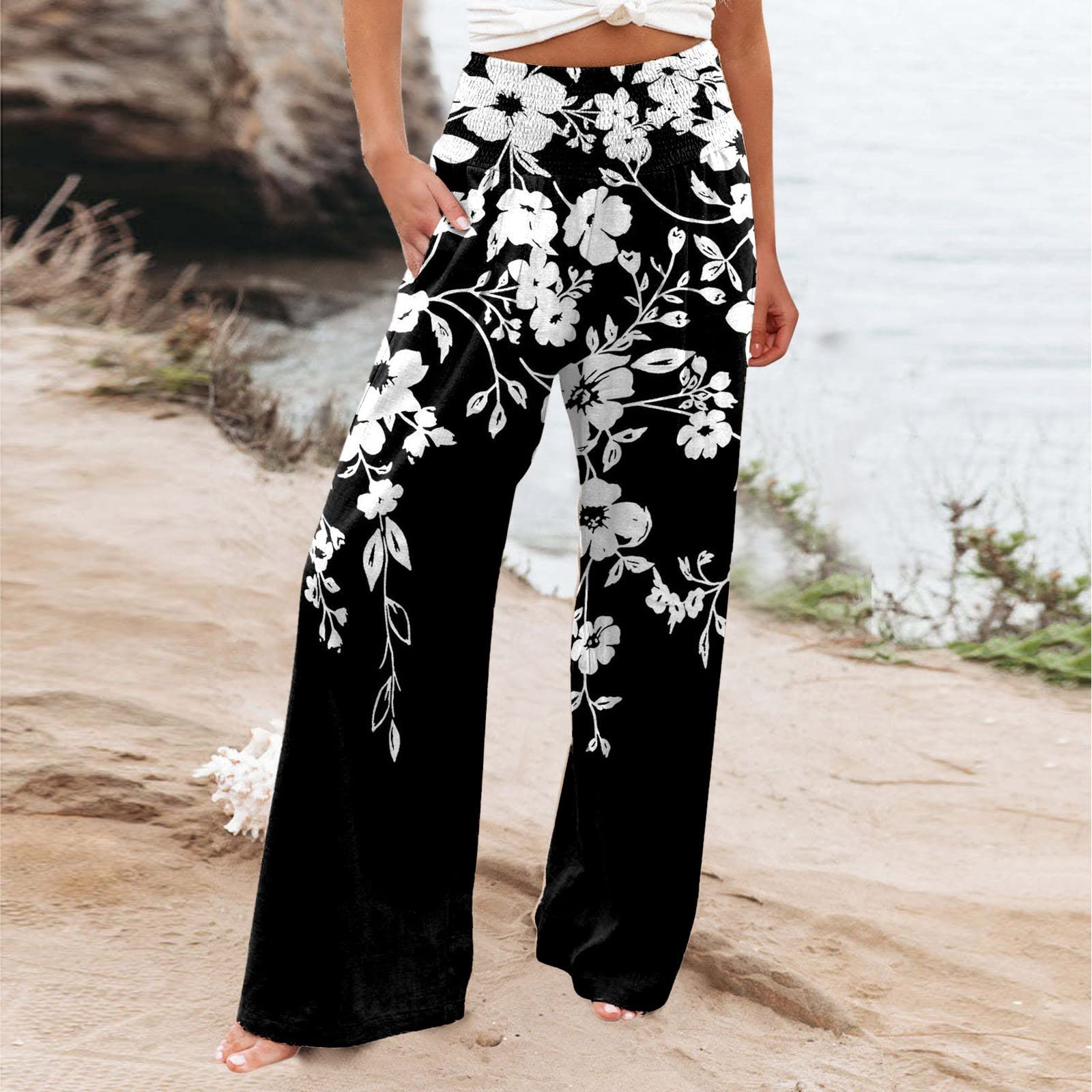 Women's Casual Cotton Linen Beach Pants - Loose Fit Cropped Trousers with Pockets | Comfortable Summer Vacation, Yoga, Travel & Lounge Wear