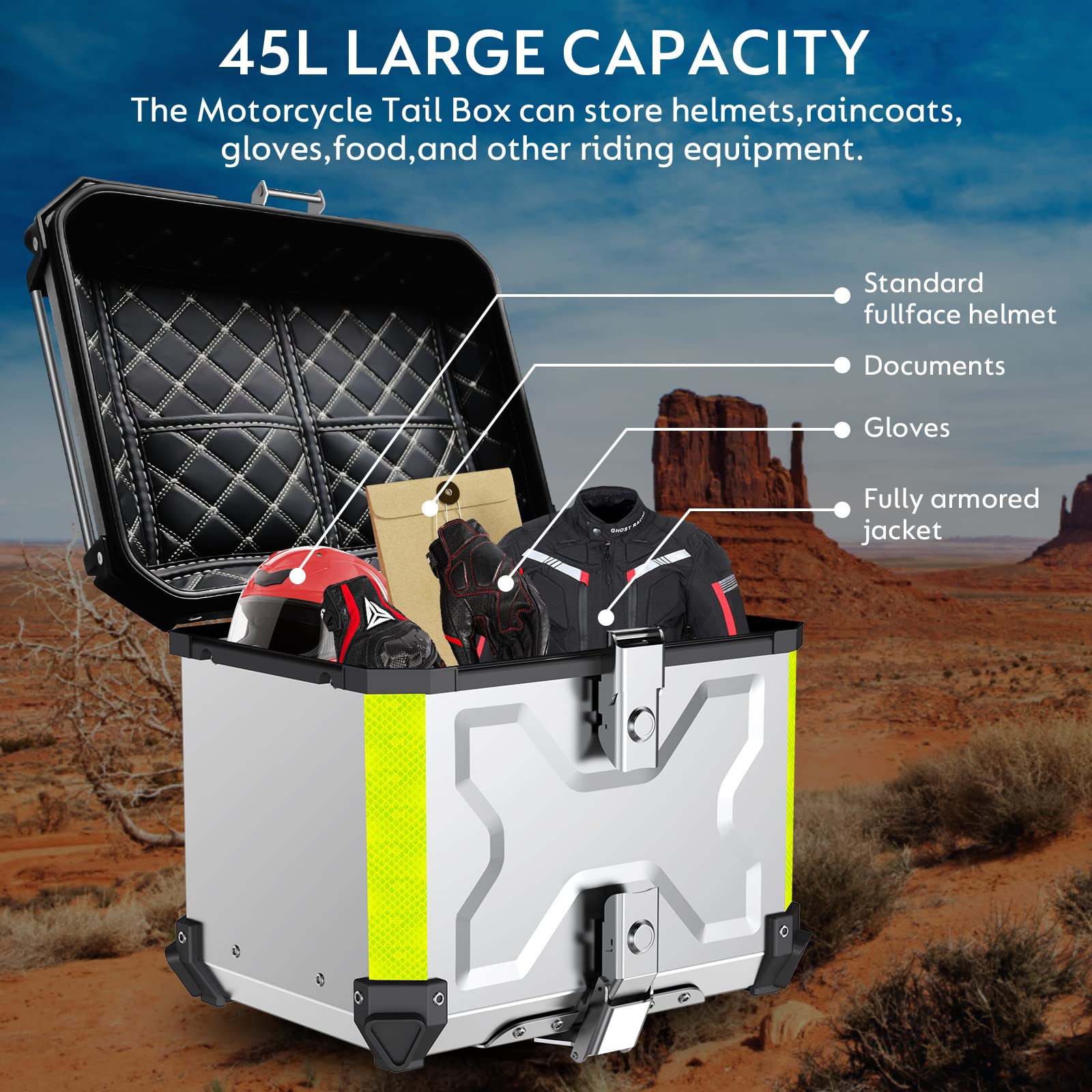Heavy Duty Aluminum Motorcycle Top Case - Universal Waterproof Motorbike Tail Box Trunk with Security Lock for Helmet & Luggage Storage | Back Cushion Included | Perfect for Touring, Commuting & Long-Distance Riding