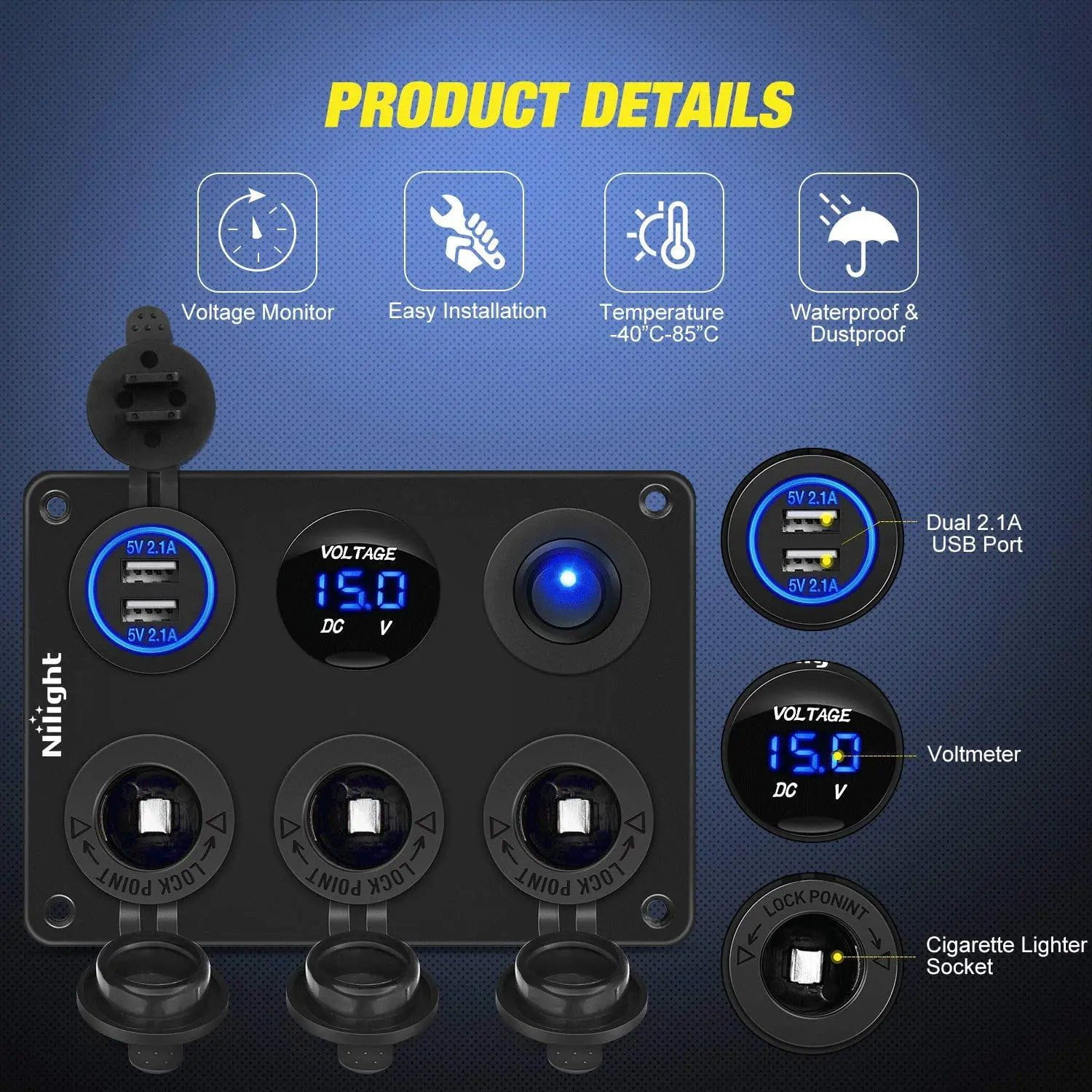 3-in-1 Car Cigarette Lighter Socket Switch Panel with Dual USB Charger & LED Voltmeter - Perfect for Truck, RV, Boat Power Accessory Installation & Mobile Device Charging