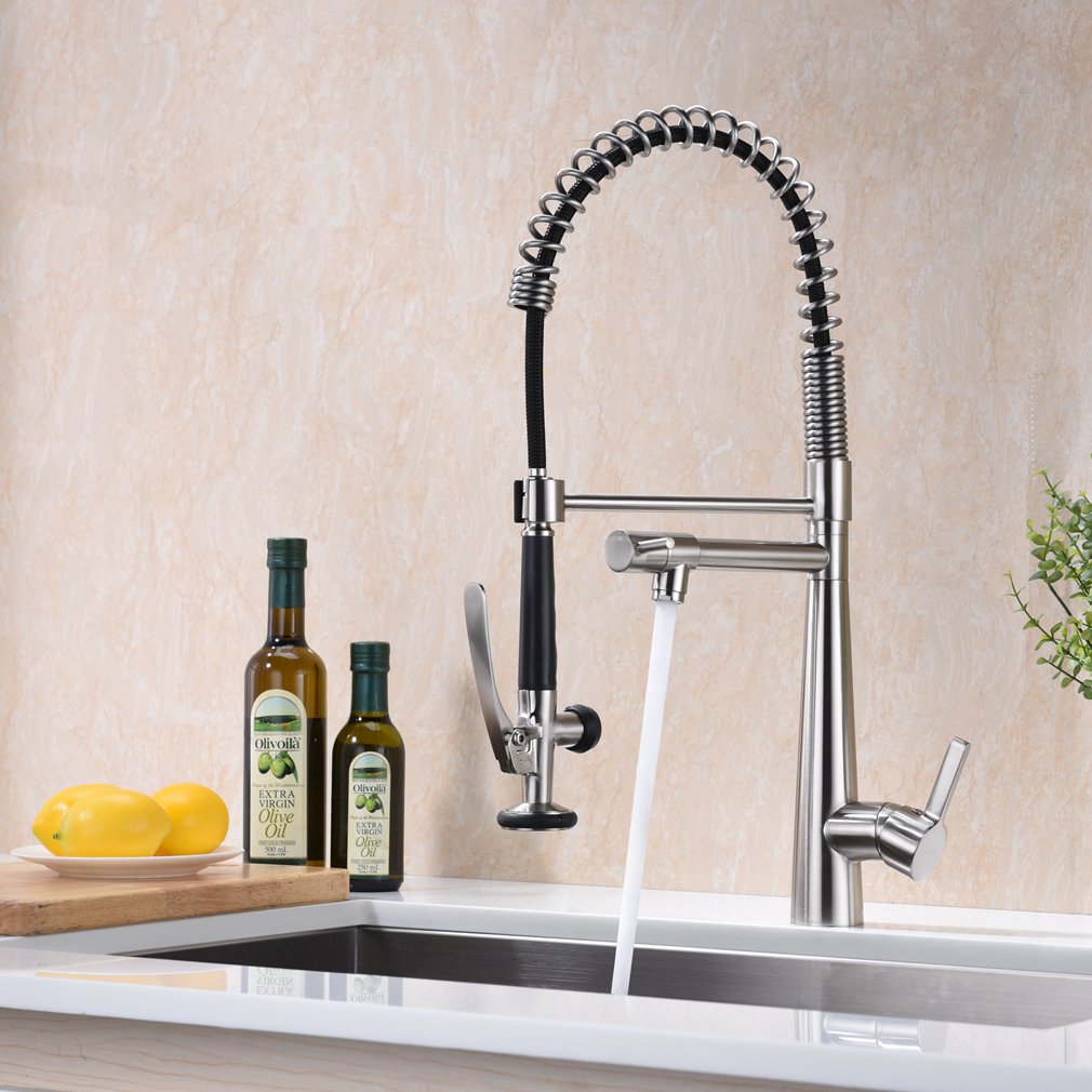 Commercial Heavy Duty Spring Single Handle Brass Kitchen Faucet with Pull Down Sprayer & Pot Filler, Stainless Steel Brushed Nickel for Modern Kitchens and Restaurants
