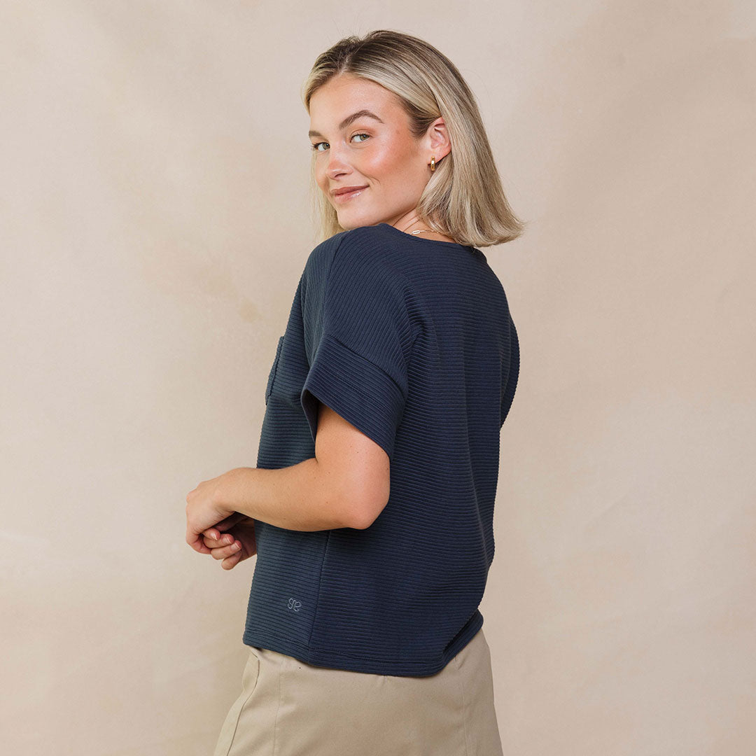 BYU Atlas Ribbed Blouse for Women - Navy Blue Stretch Knit Top - Perfect for Office Wear, Casual Outfits & Date Nights