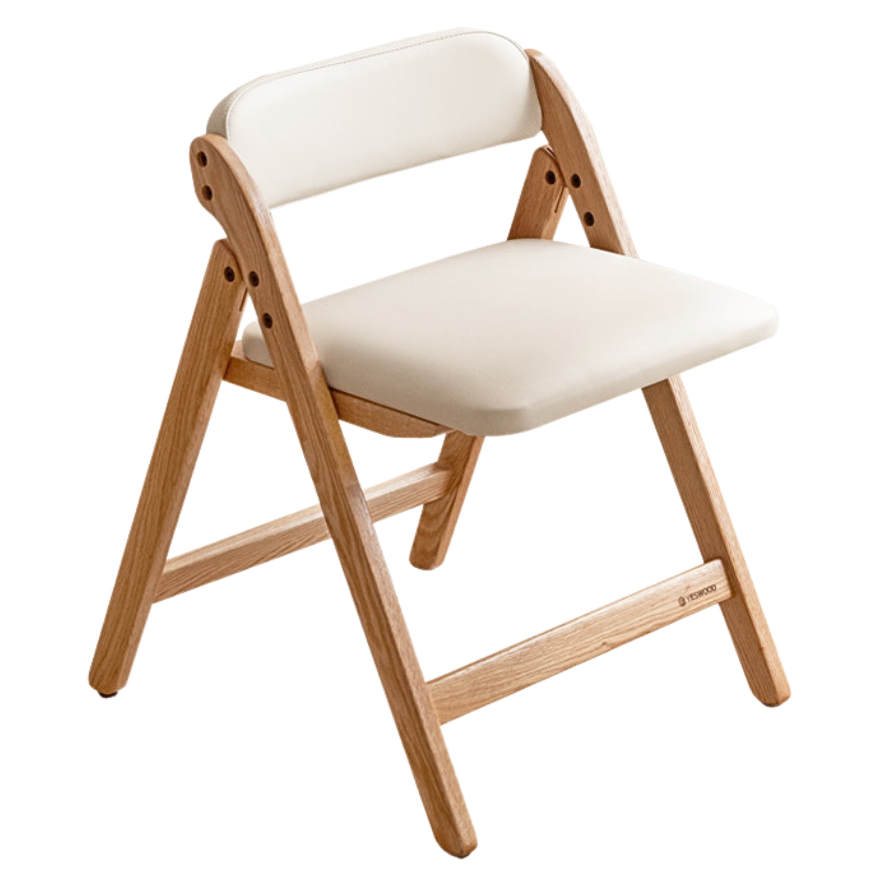 17.7x21.3x24.8 inch/ 45.6x54.6x63 cm/Natural wood color/ folding chair organic leather milky white