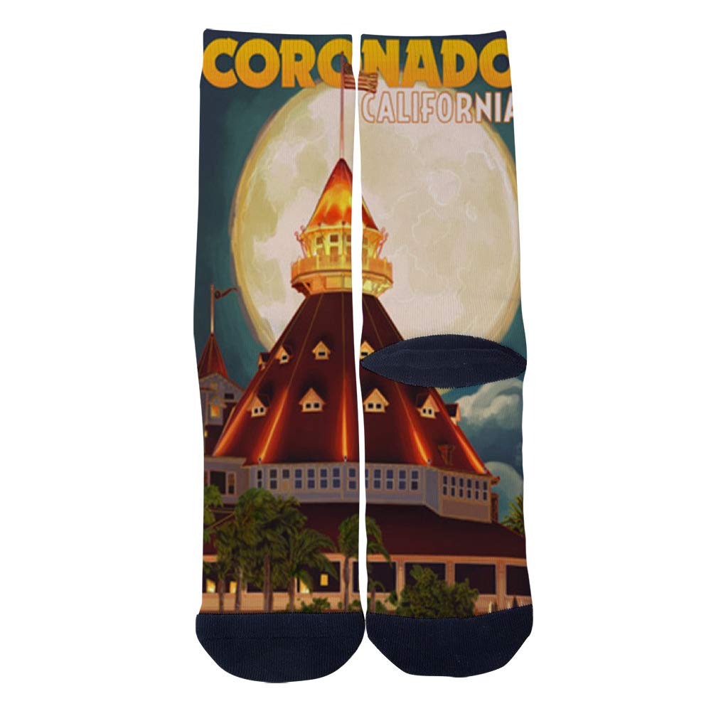 Hotel Del Coronado & Moon San Diego California Socks - Men's & Women's Casual Crew Socks - Custom Creative Novelty Socks for Travel Enthusiasts & California Lovers
