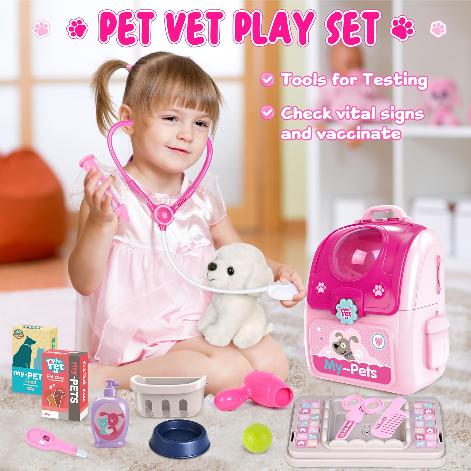 **Pet Care Pretend Doctor Play Set for Toddlers & Kids Ages 2-6 - Interactive Doctor Kit with Plush Puppy Toy & Storage Backpack - Perfect for Role-Playing, Birthday Gifts & Educational Fun**