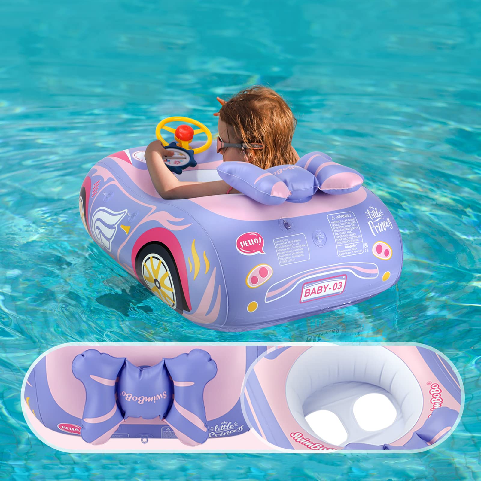 3D Car Design Baby Pool Float - Heavy Duty PVC Toddler Swim Float with Steering Wheel for Ages 1-4 Years | Safe Swimming Floats Seat Boat for Kids 12-24 Months | Perfect for Backyard Pools, Beach Vacations & Summer Water Play (Girl & Boy)
