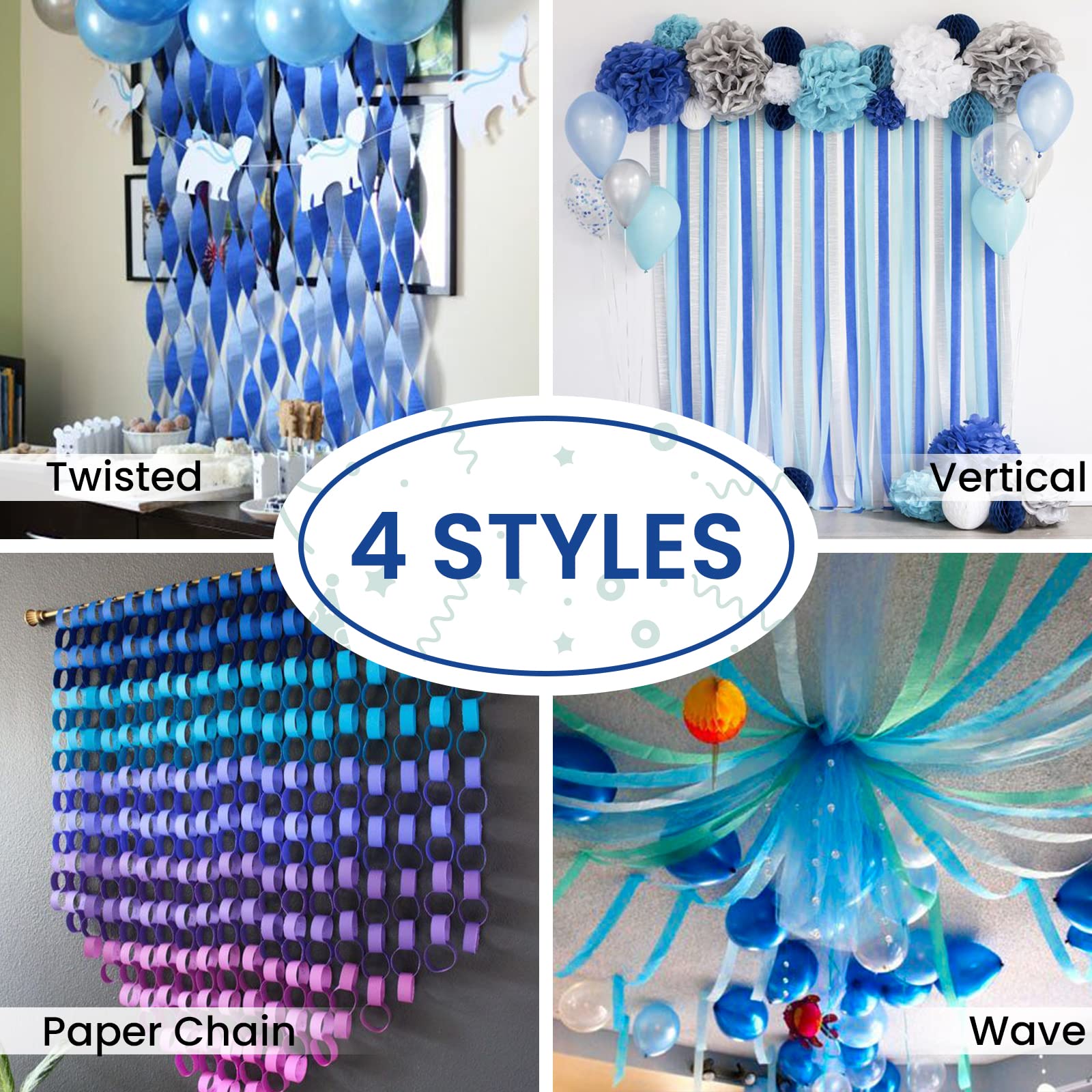 PartyWoo Crepe Paper Streamers 6 Rolls 492ft - White, Silver, Royal Blue, Light Blue - Perfect for Birthday Party Decorations, Wedding Backdrops, Baby Showers & DIY Craft Projects (1.8 Inch x 82 Ft/Roll)