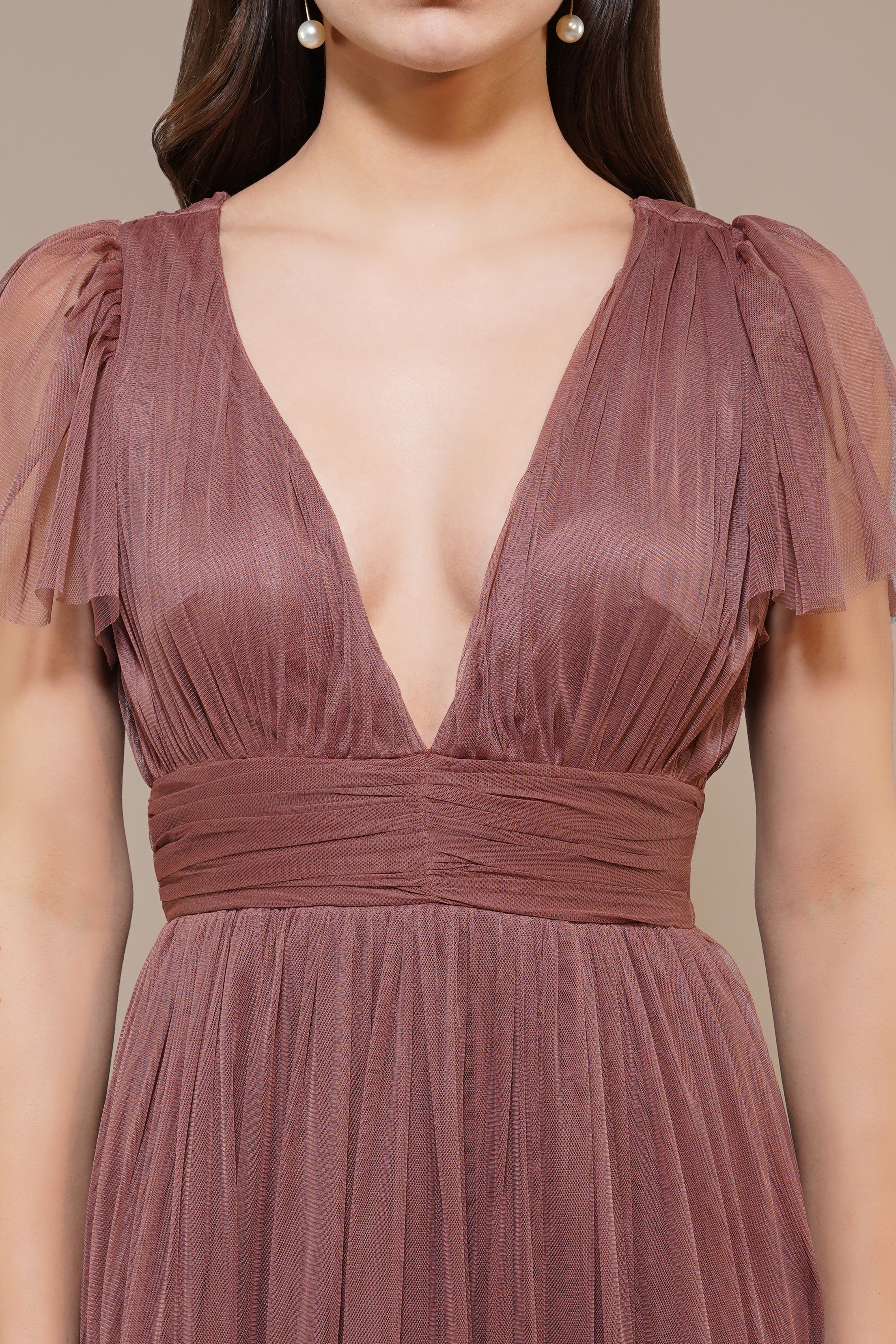 Madison Rose Brown Tulle Bridesmaid Midi Dress - Elegant Tea-Length Formal Gown for Weddings, Prom & Special Occasions