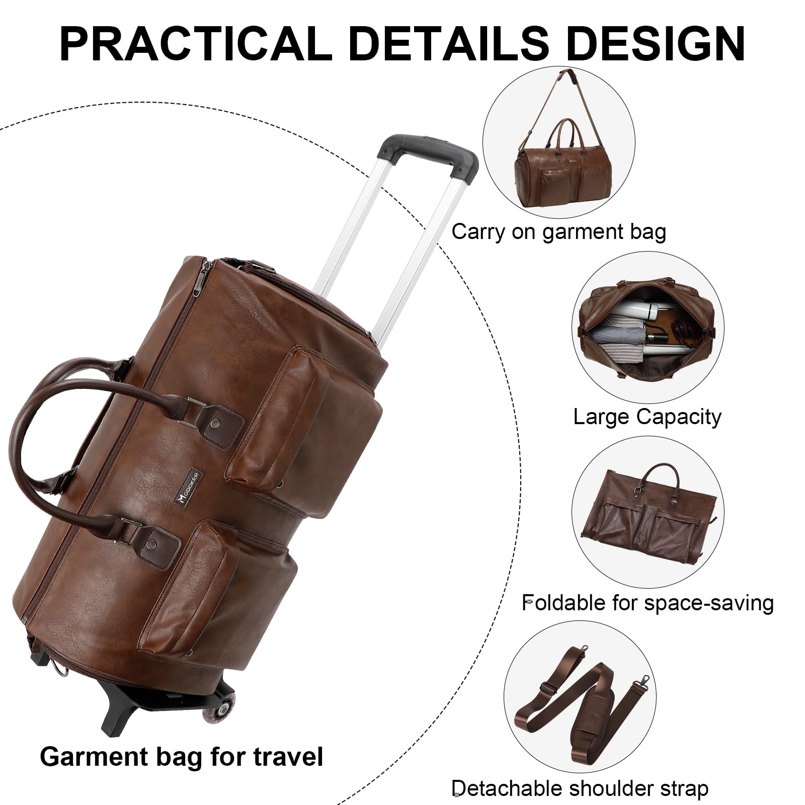 Modoker 3-in-1 Rolling Garment Bag with Wheels - Convertible Carry On Luggage for Travel - Wheeled Duffel Suit Bag for Men & Women (Dark Brown) - Perfect for Business Trips, Vacations & Weekend Getaways