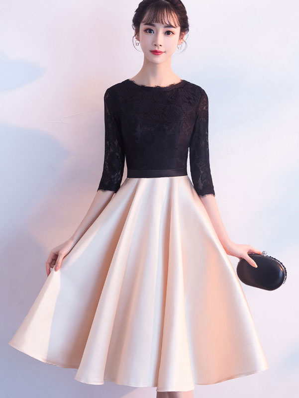 Elegant Color Blocked Belted Fit & Flare Tea Length Prom Dress for Homecoming, Wedding Guest & Special Occasions
